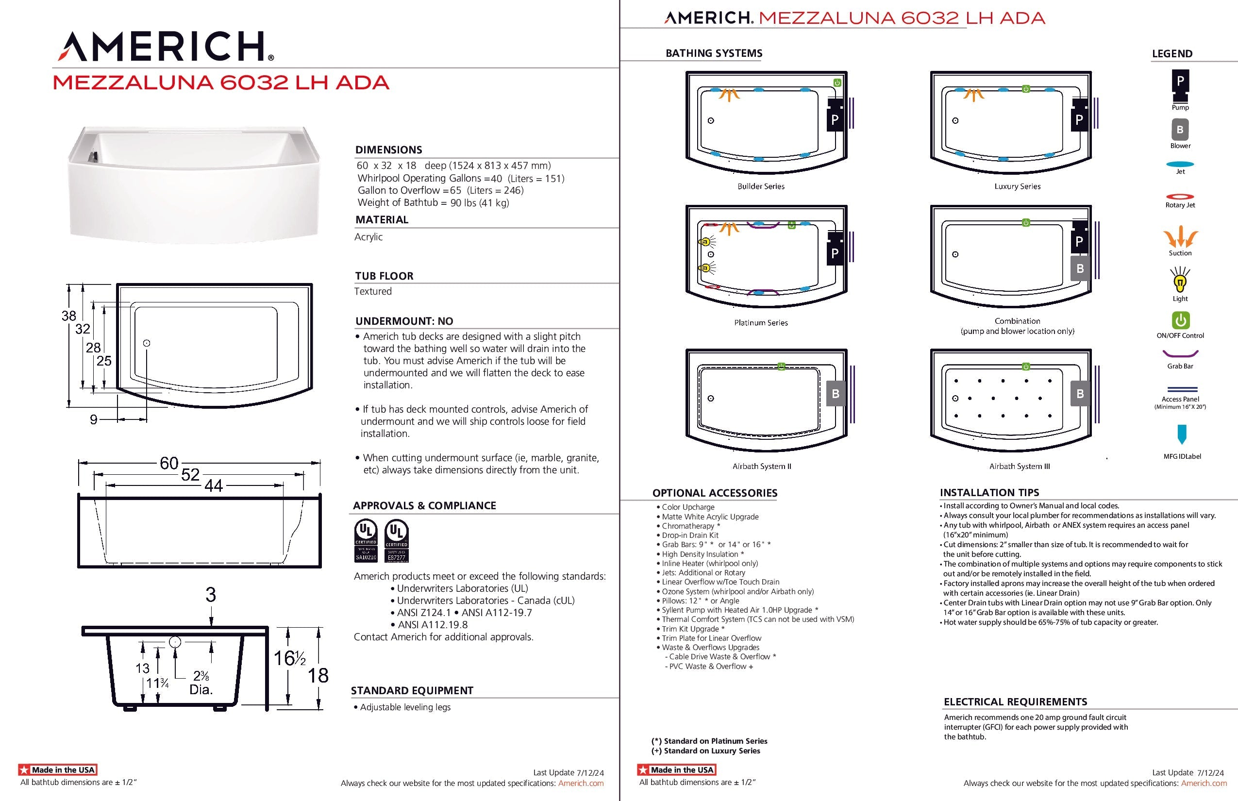 Americh Mezzaluna 6032 ADA Left Hand - Tub Only Skirted Bathtub MZ6032TL-WH