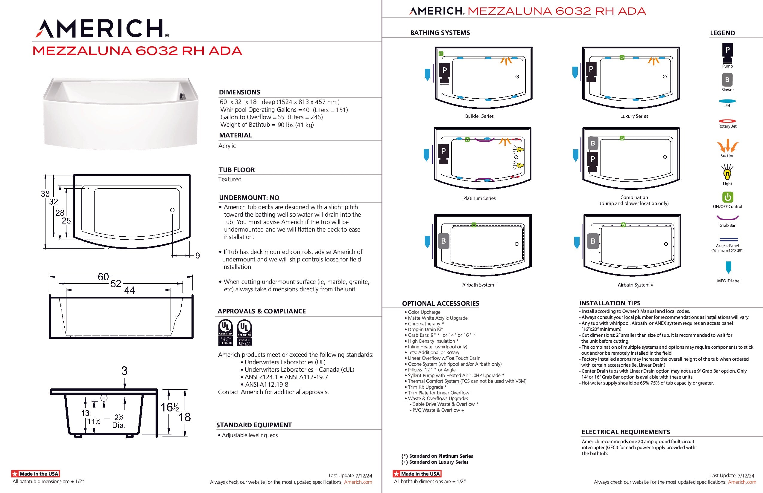 Americh Mezzaluna 6032 ADA Right Hand - Platinum Series Skirted Bathtub MZ6032PR-WH