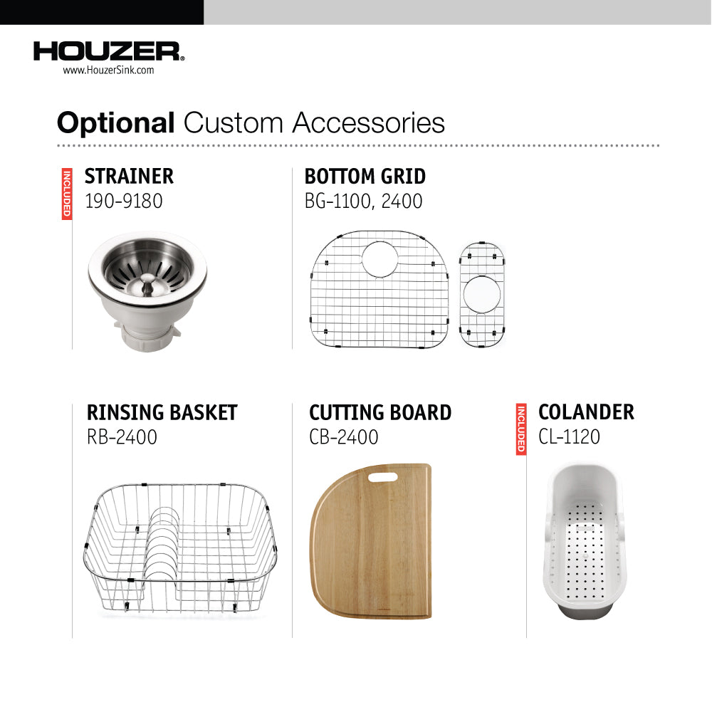 Houzer Medallion 32" Stainless Steel Undermount 80/20 Double Small Right Bowl Kitchen Sink with Strainer