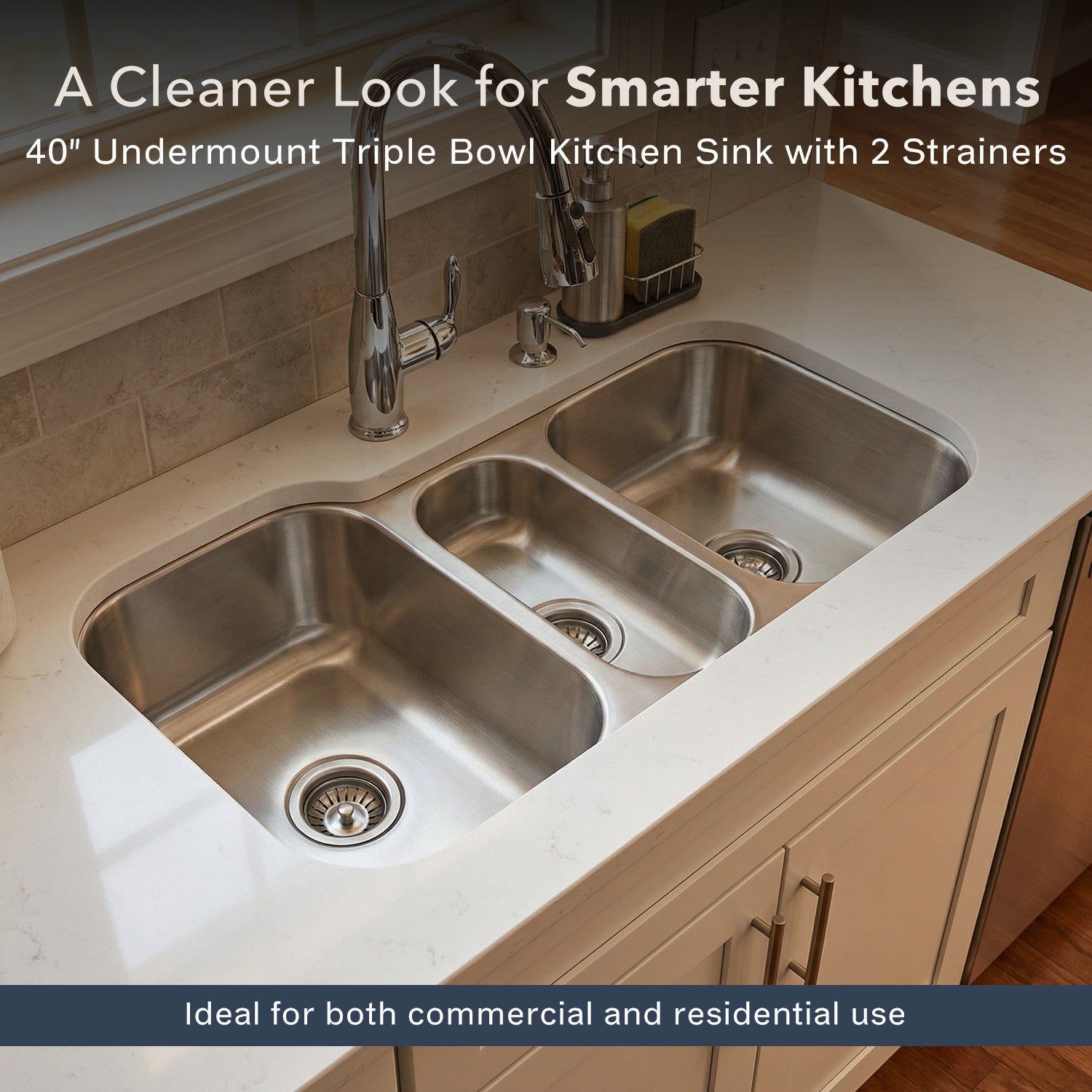 Houzer Medallion 40 inch Stainless Steel Undermount Triple Bowl Kitchen Sinks - MGT-4120