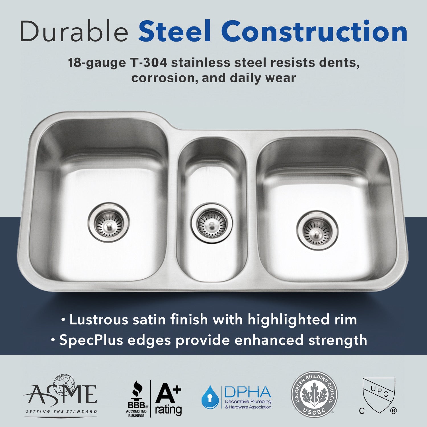 Houzer Medallion 40 inch Stainless Steel Undermount Triple Bowl Kitchen Sinks - MGT-4120