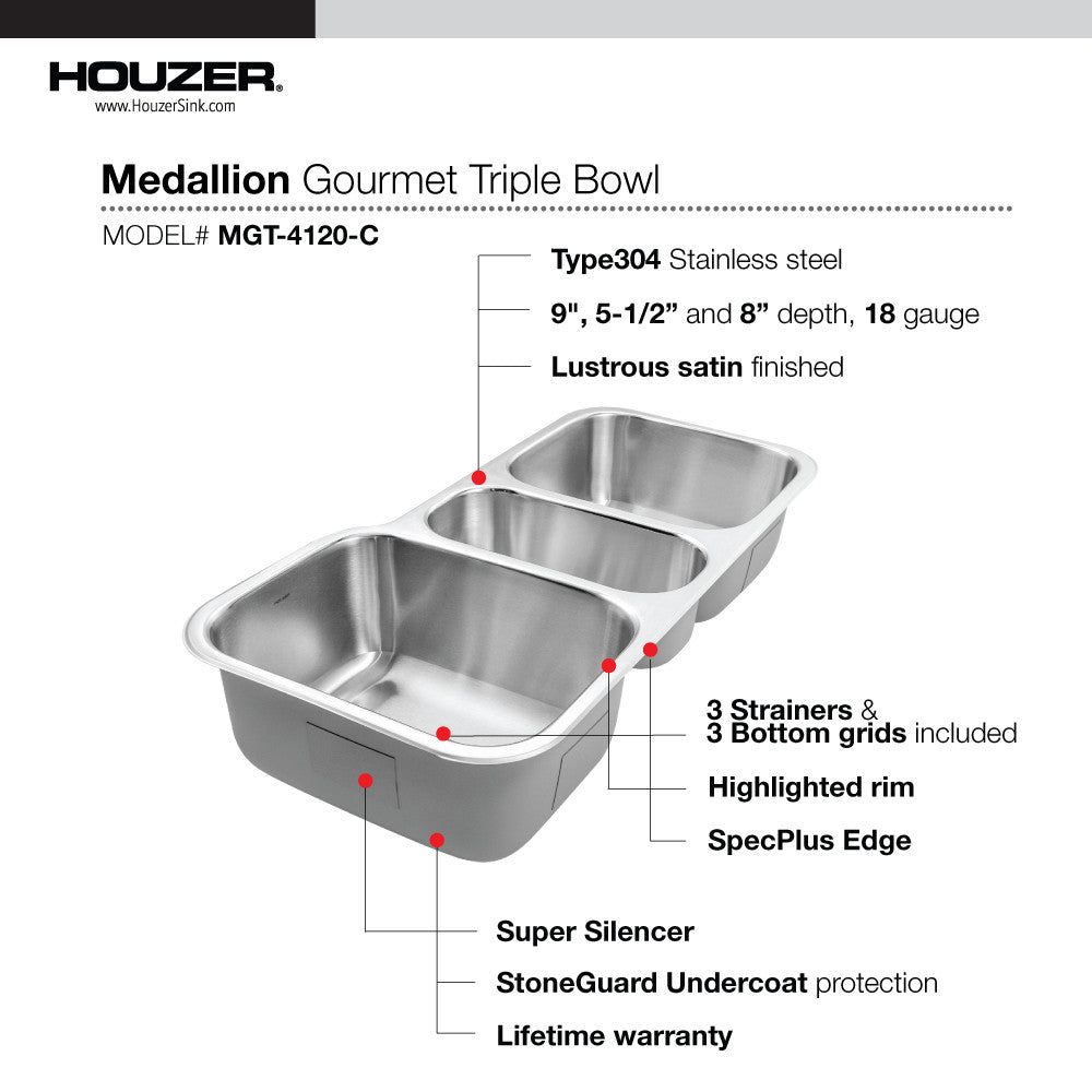 Houzer Premier 41 inch Stainless Steel Drop-in Topmount 4-hole Triple Bowl Kitchen Sink - PGT-4322