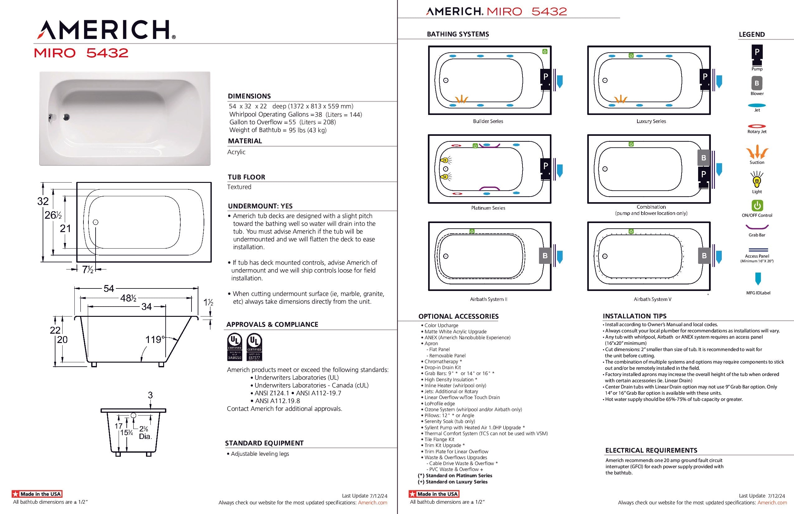 Americh Miro 5432 - Platinum Series Drop-in Bathtub MI5432P-WH