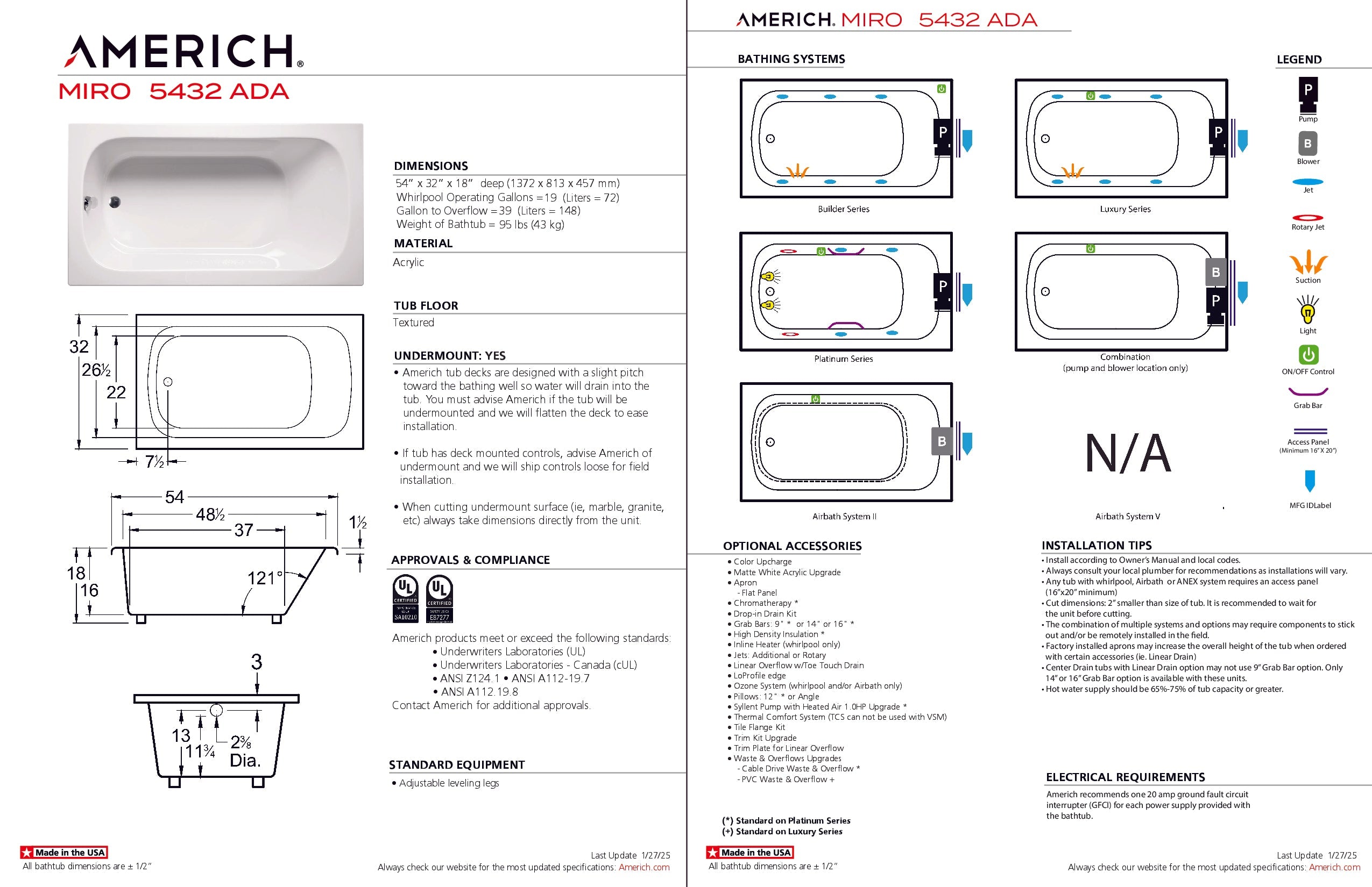 Americh Miro 5432 ADA - Luxury Series Drop-in Bathtub MI5432ADAL-WH