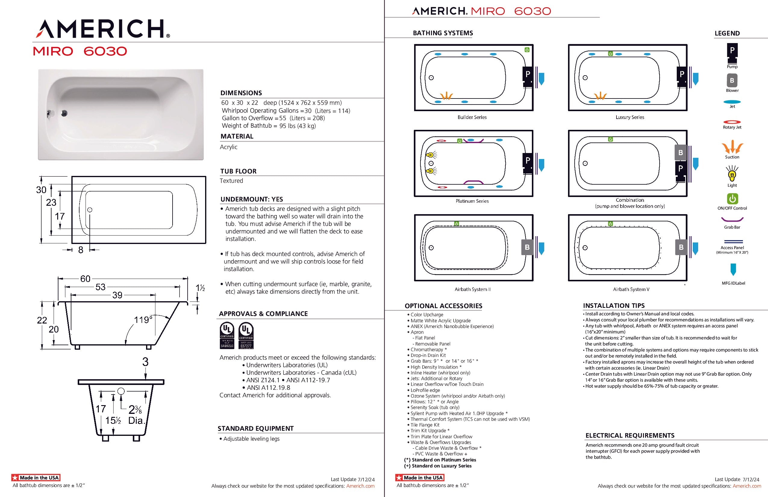 Americh Miro 6030 - Platinum Series Drop-in Bathtub MI6030P-WH