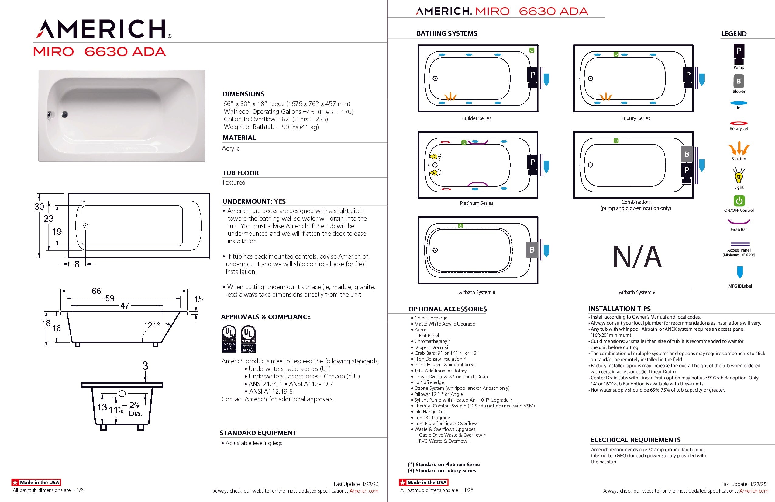 Americh Miro 6630 ADA - Builder Series Drop-in Bathtub MI6630ADAB-WH