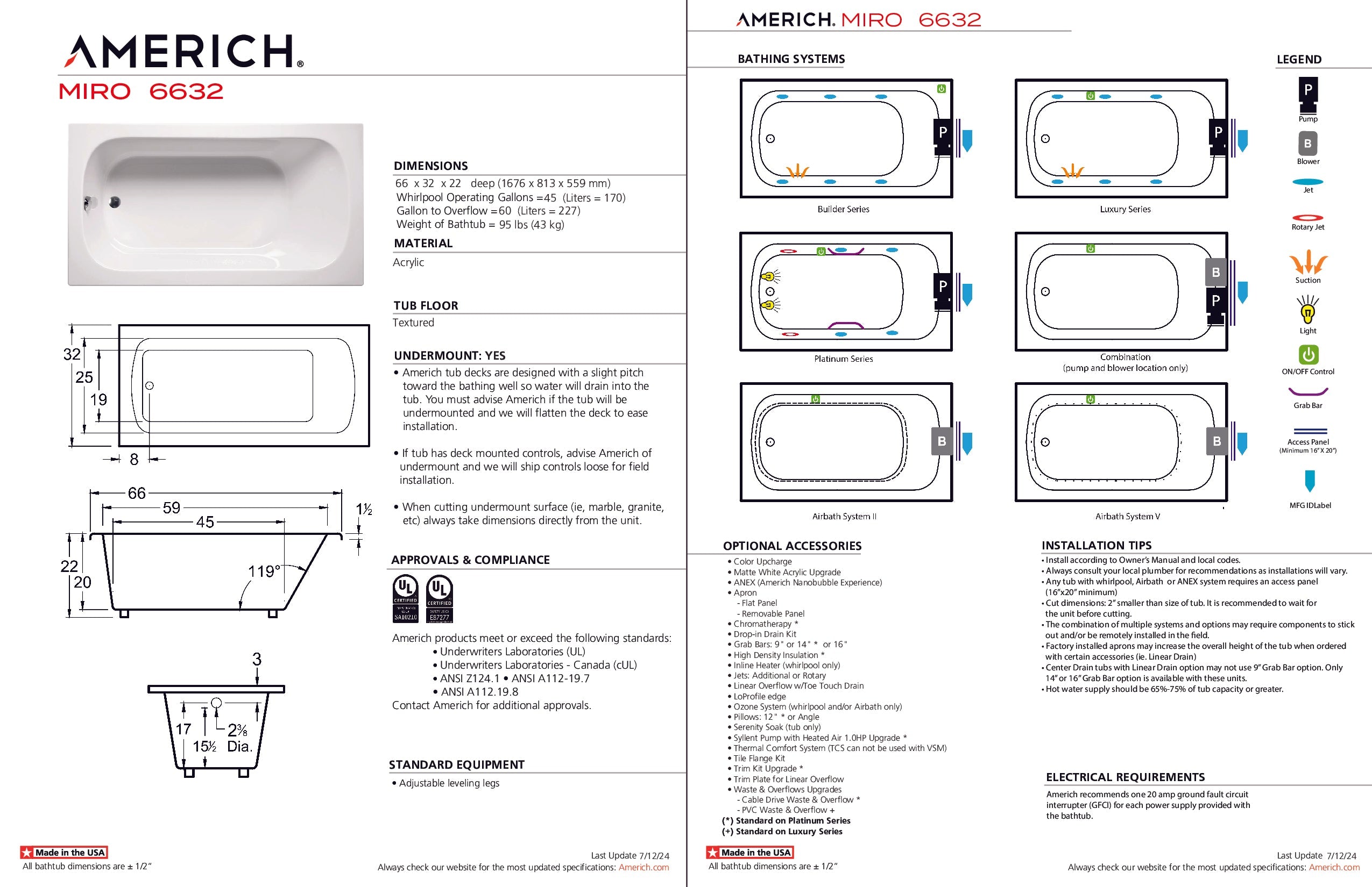 Americh Miro 6632 - Builder Series Drop-in Bathtub MI6632B-WH