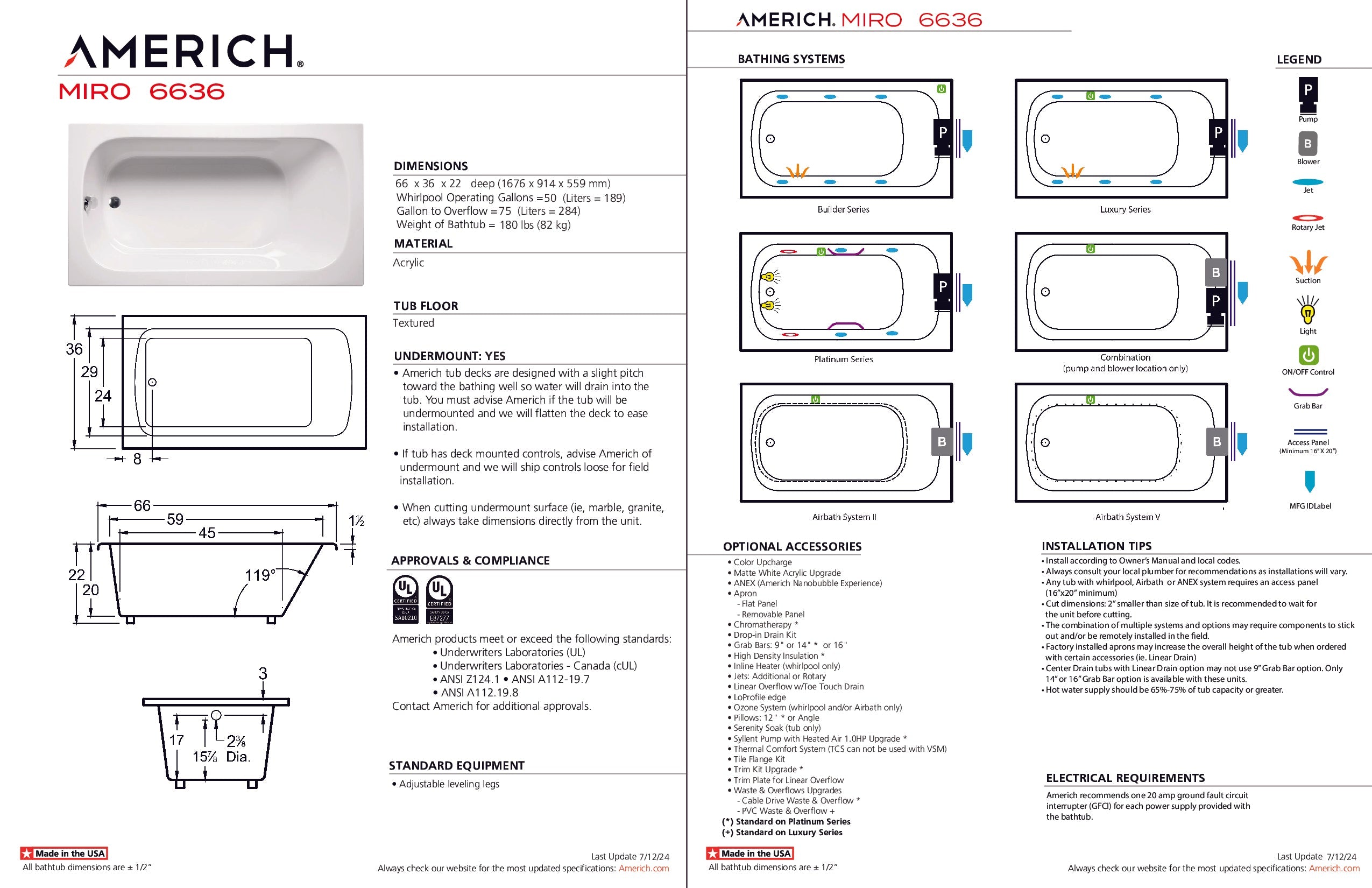 Americh Miro 6636 - Luxury Series Drop-in Bathtub MI6636L-WH