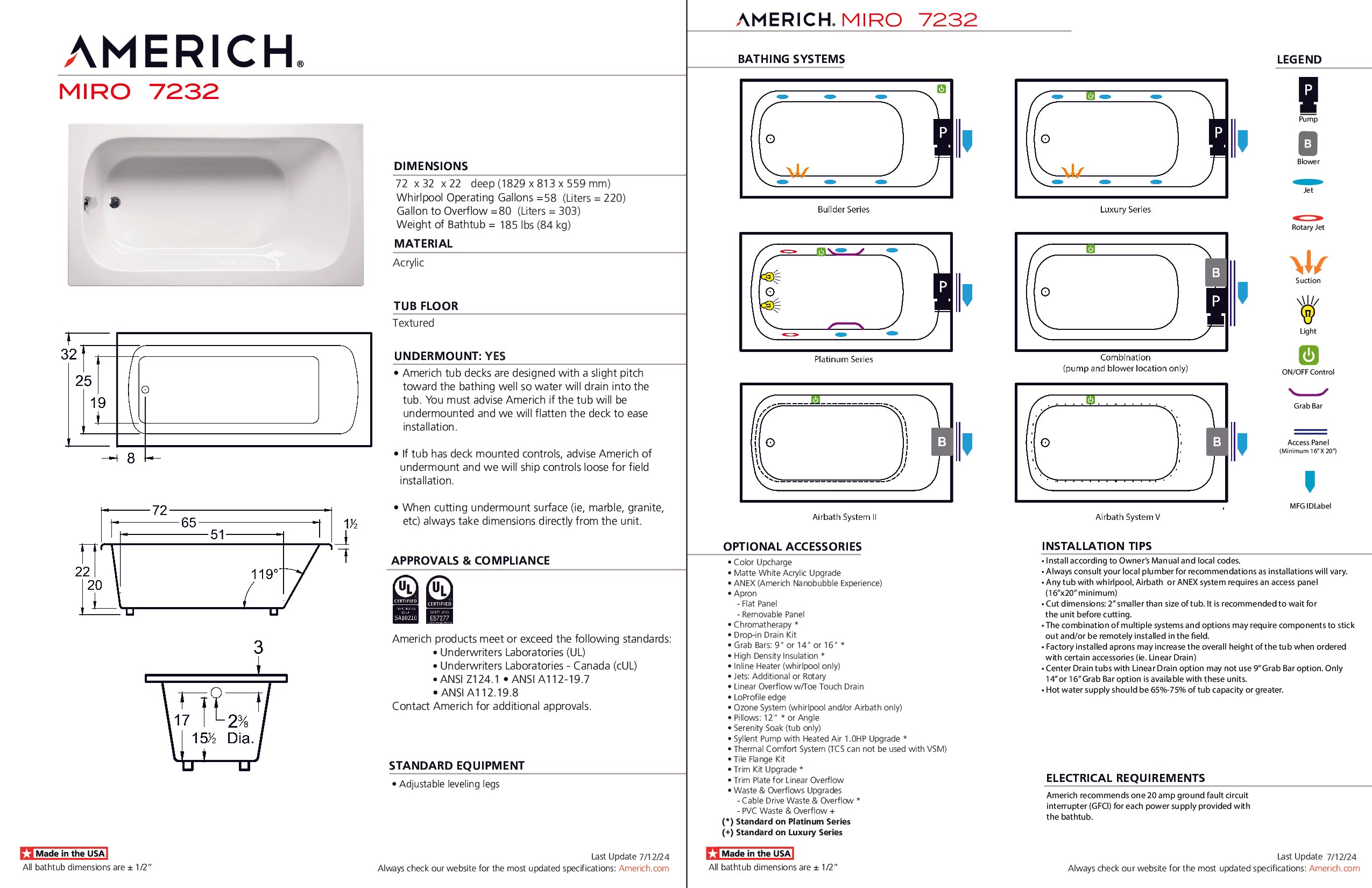 Americh Miro 7232 - Platinum Series Drop-in Bathtub MI7232P-WH