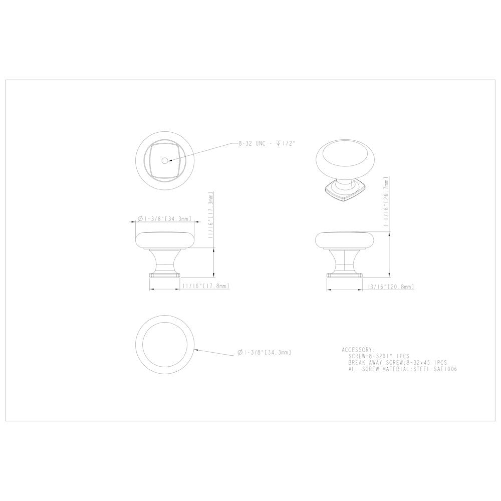 1-3/8" Diameter Satin Nickel Belcastel 1 Cabinet Knob