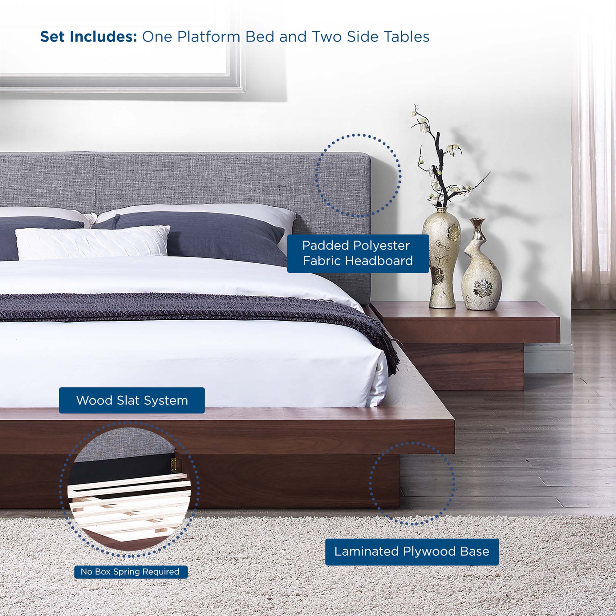 Modway Freja 3 Piece Fabric Queen Bedroom Set