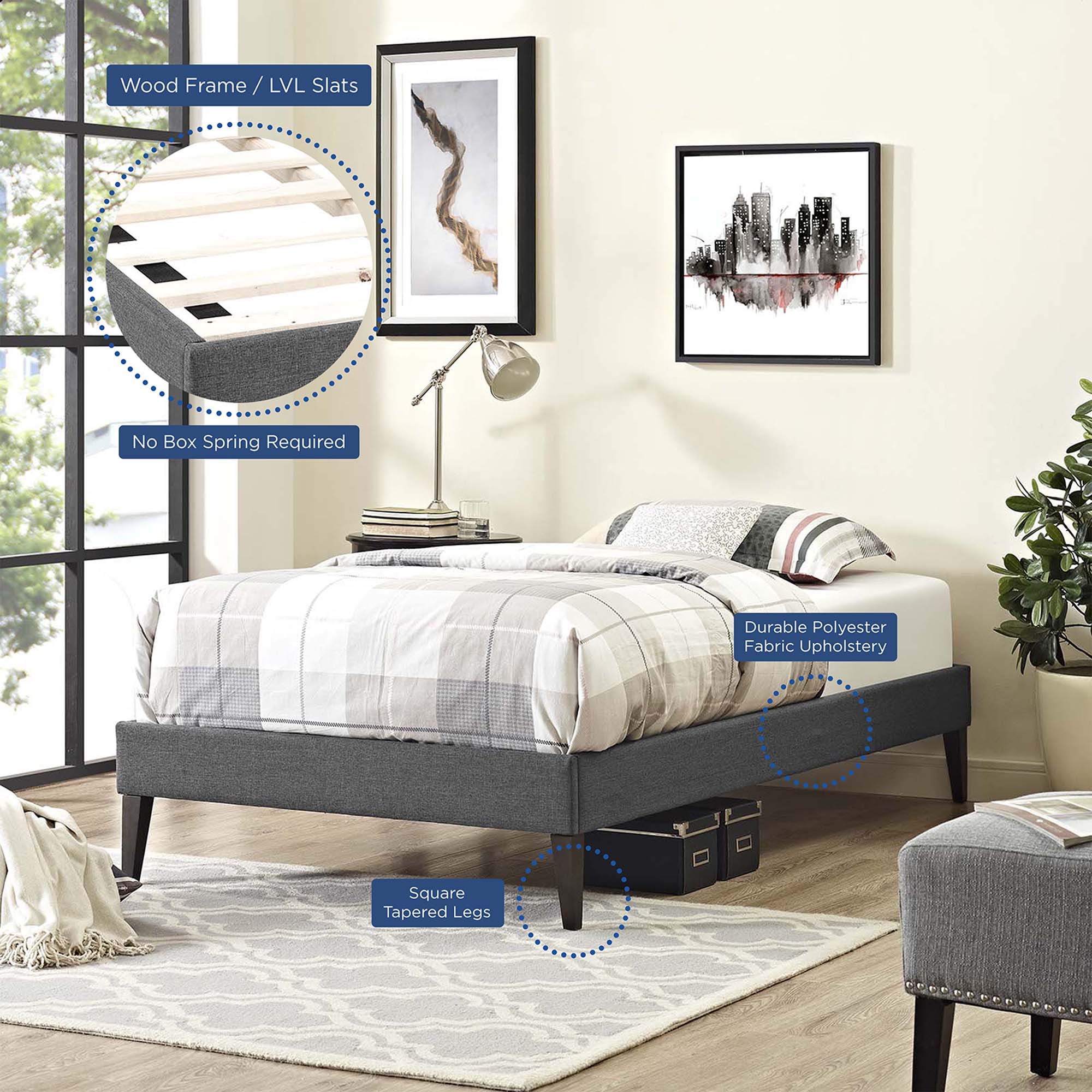 Modway Tessie Fabric Twin Bed Frame with Squared Tapered Legs