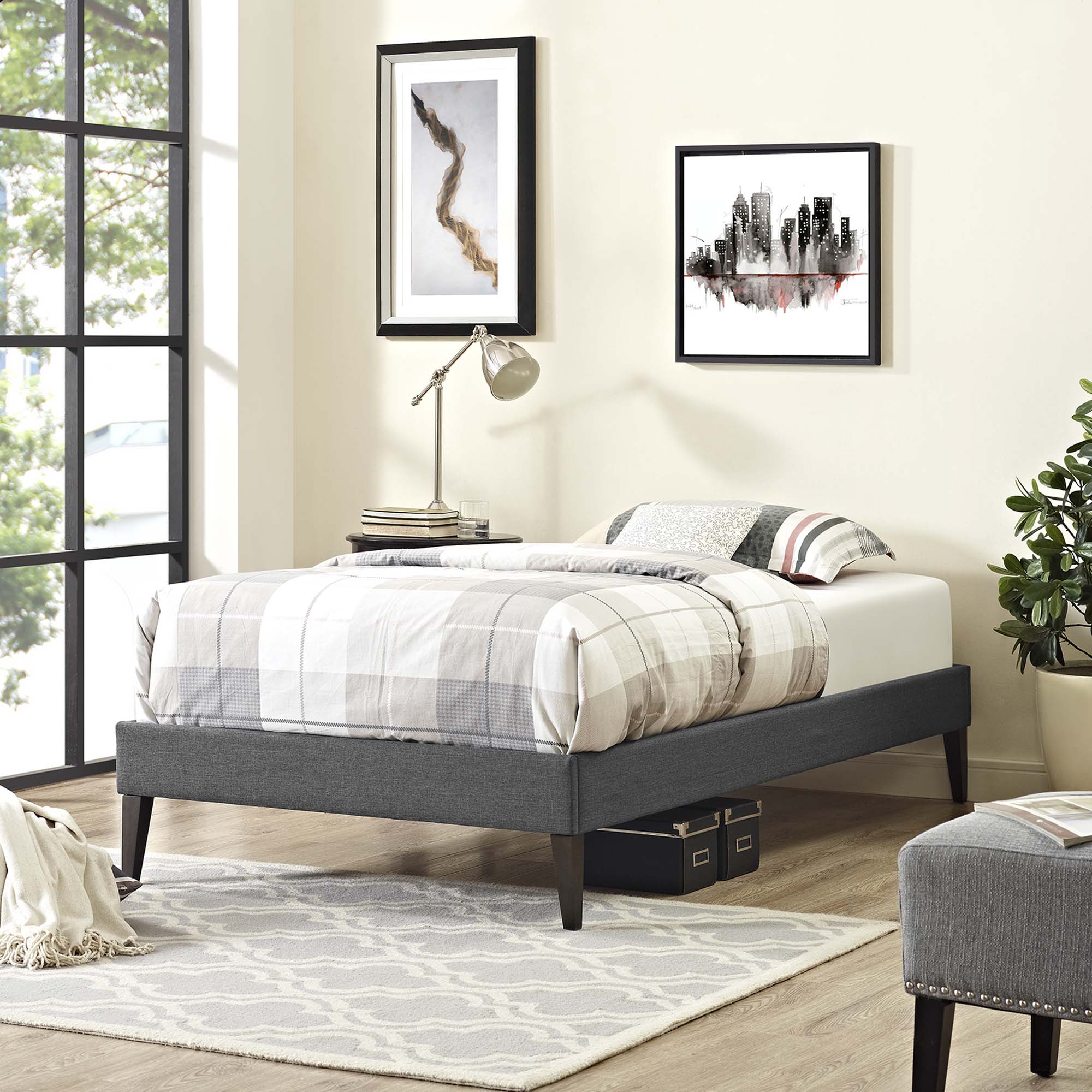 Modway Tessie Fabric Twin Bed Frame with Squared Tapered Legs