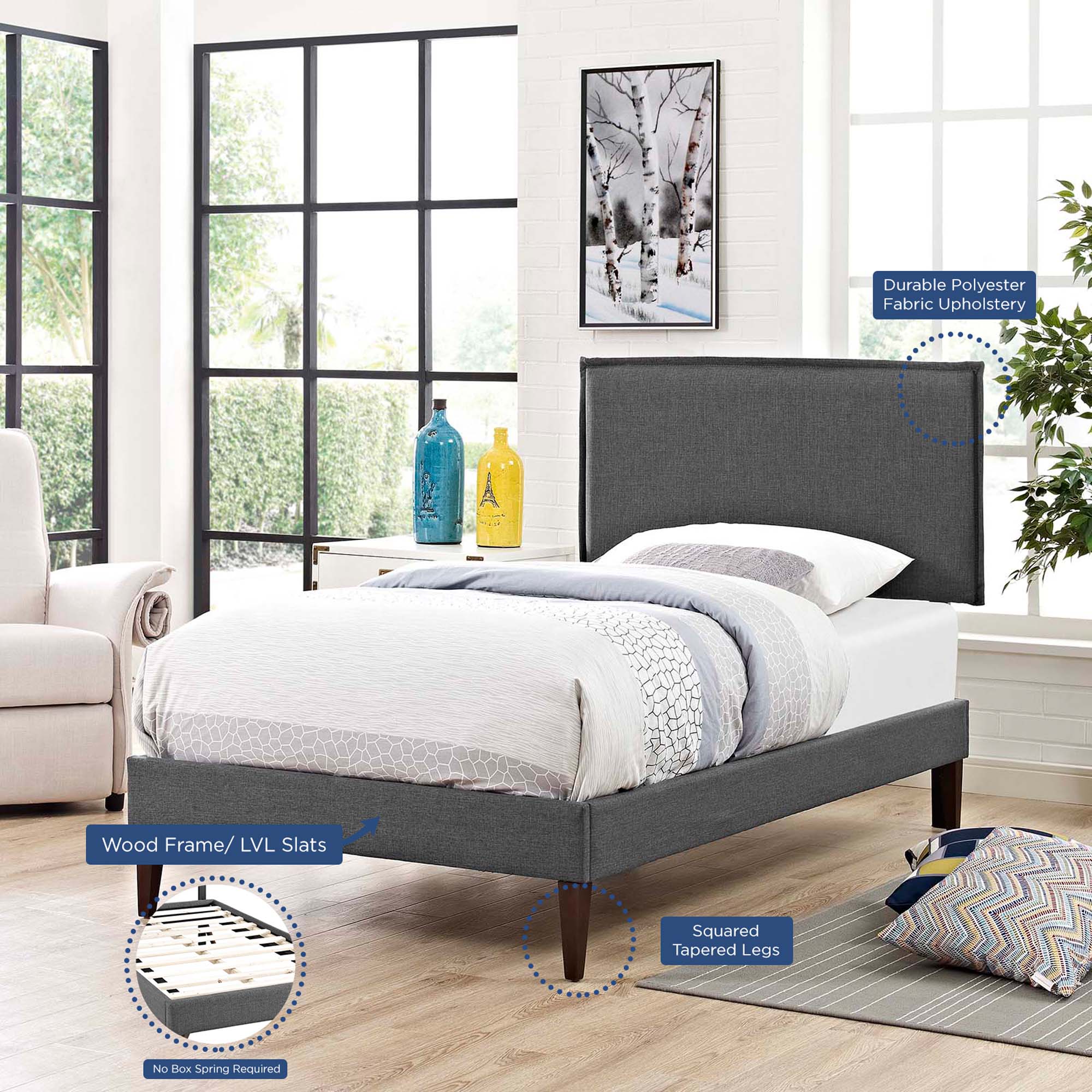 Modway Amaris Fabric Twin Platform Bed with Squared Tapered Legs