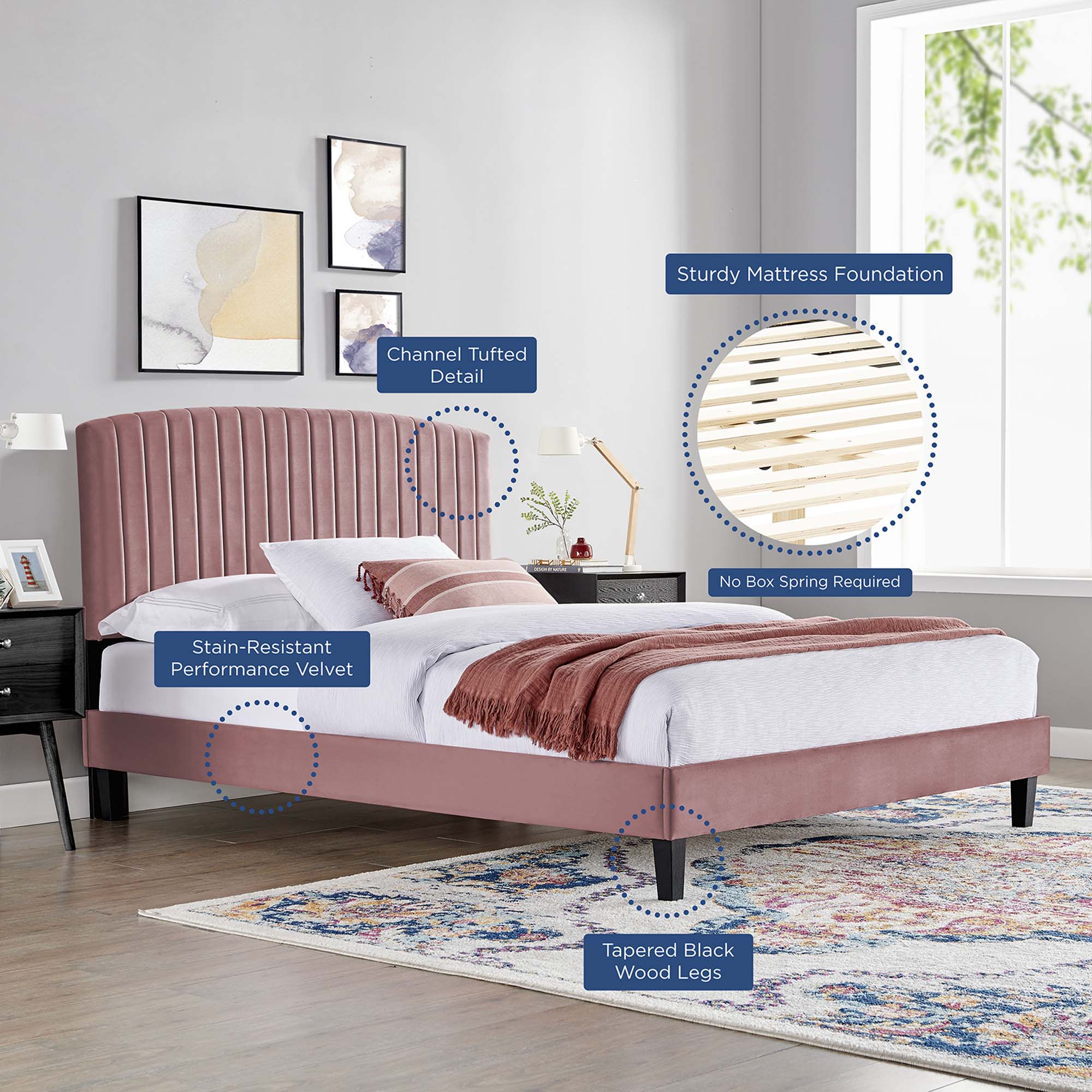 Modway Alessi Tapered Wood Leg Performance Velvet Queen Platform Bed