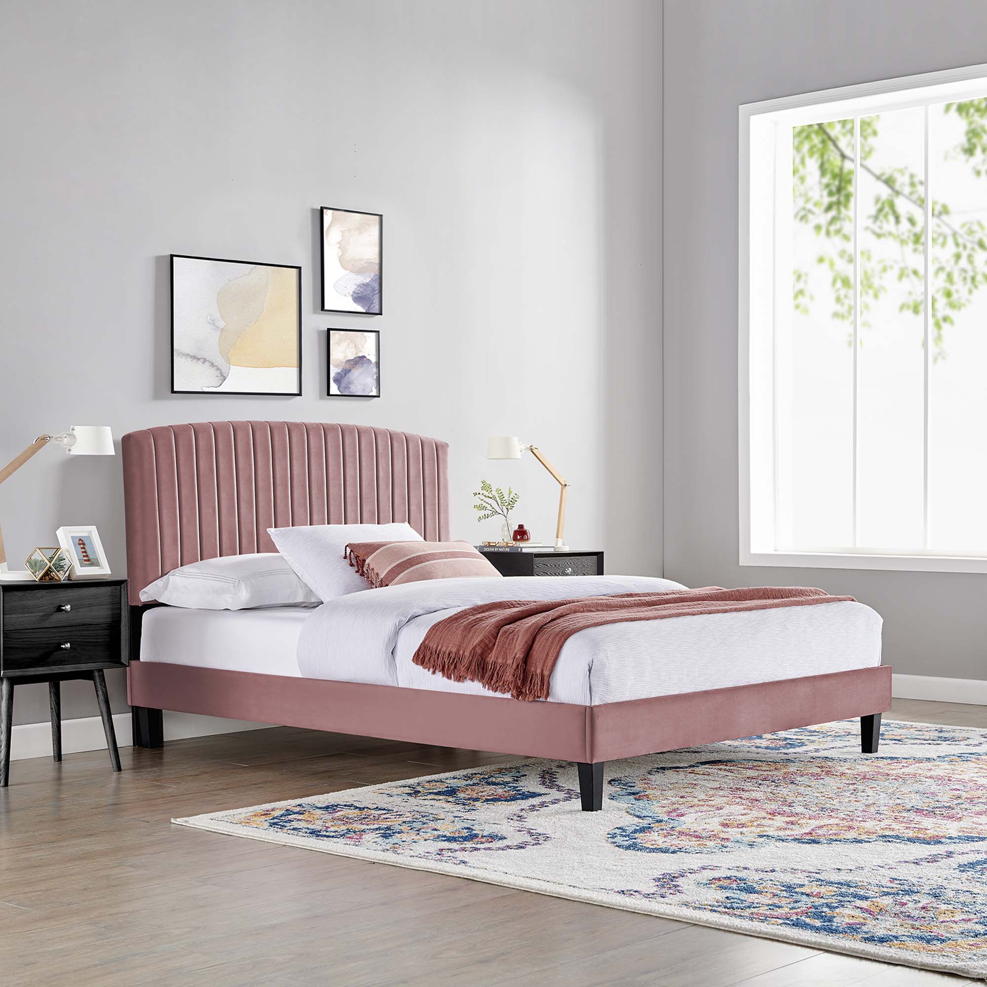 Modway Alessi Tapered Wood Leg Performance Velvet Queen Platform Bed