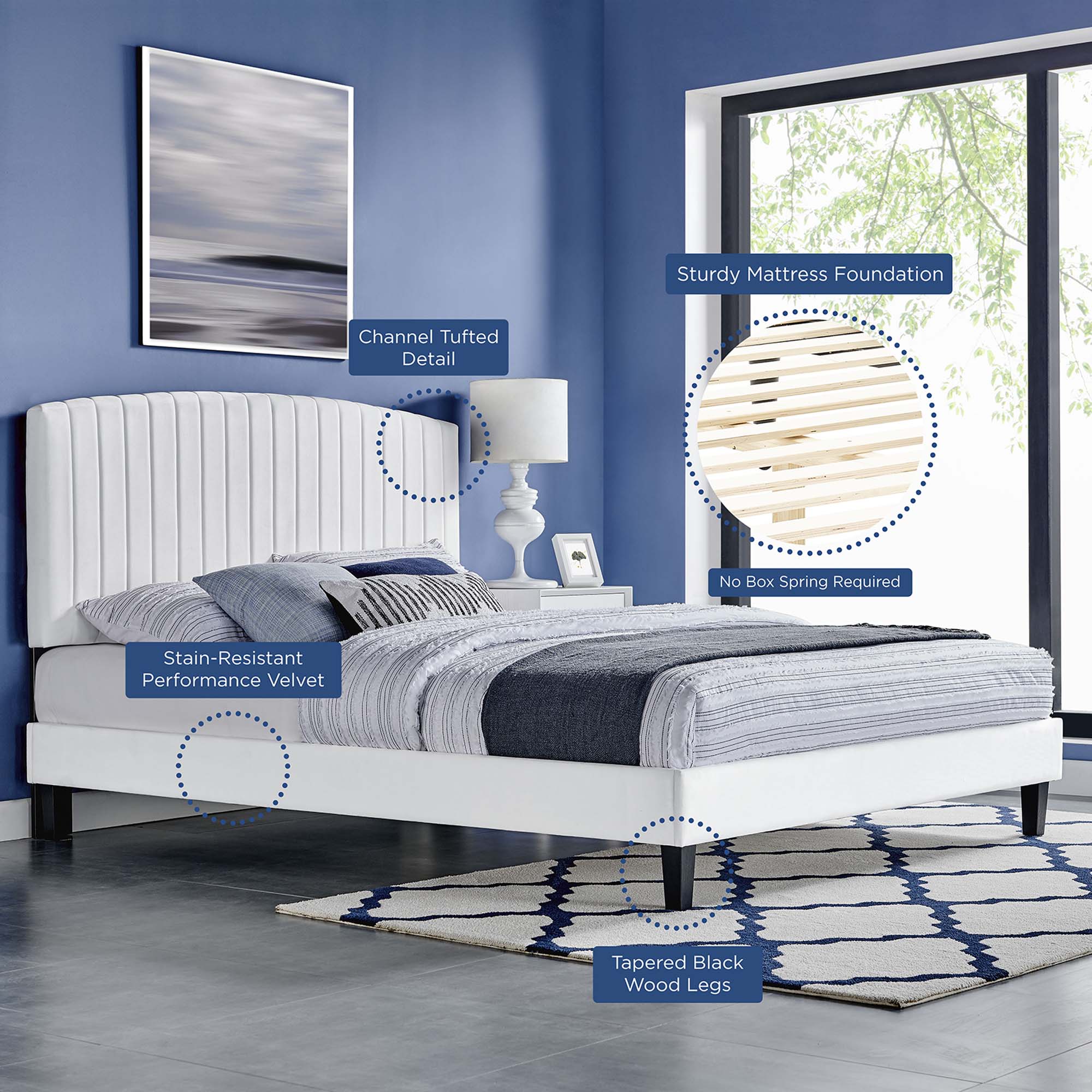 Modway Alessi Tapered Wood Leg Performance Velvet Queen Platform Bed