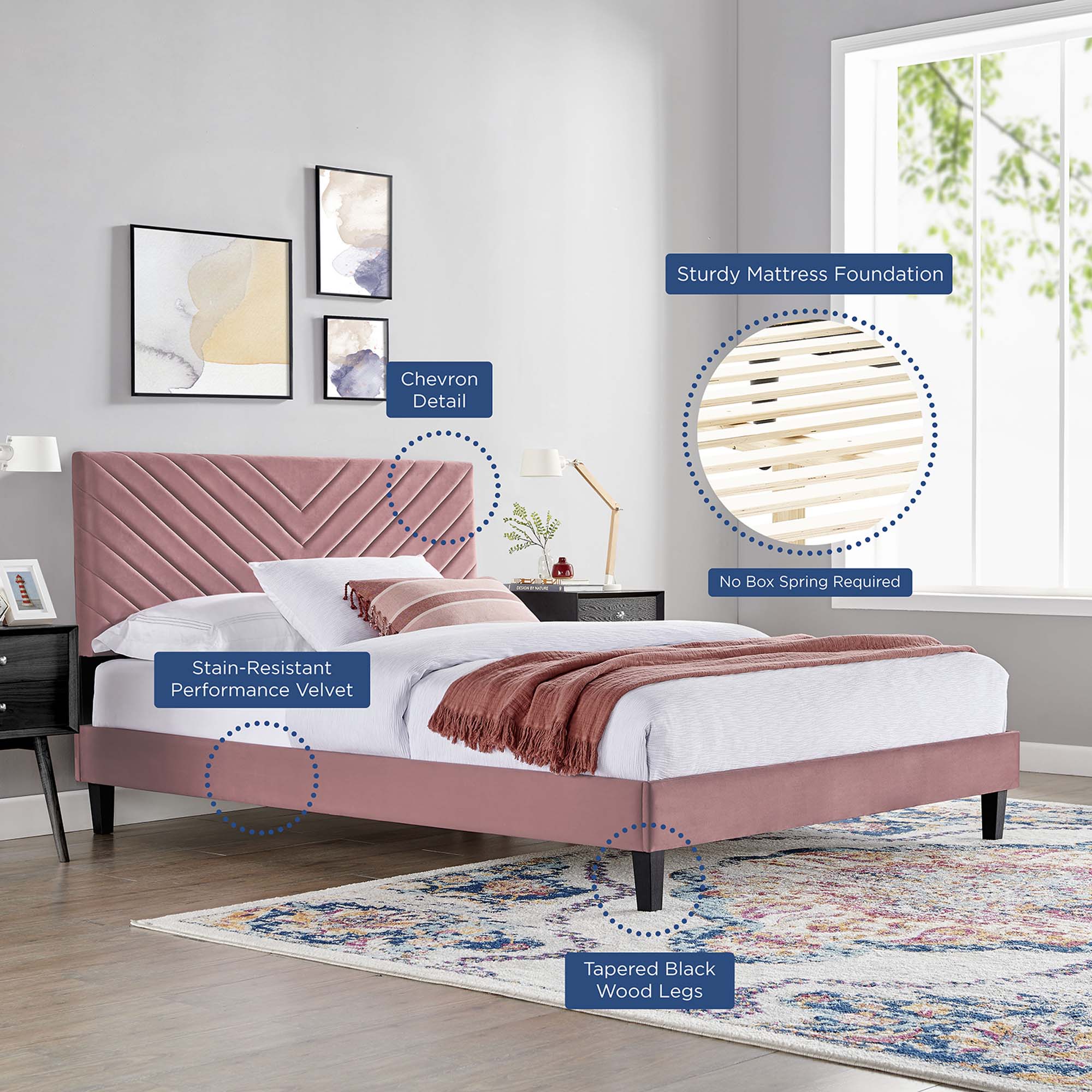 Modway Roxanne Tapered Wood Leg Performance Velvet Queen Platform Bed