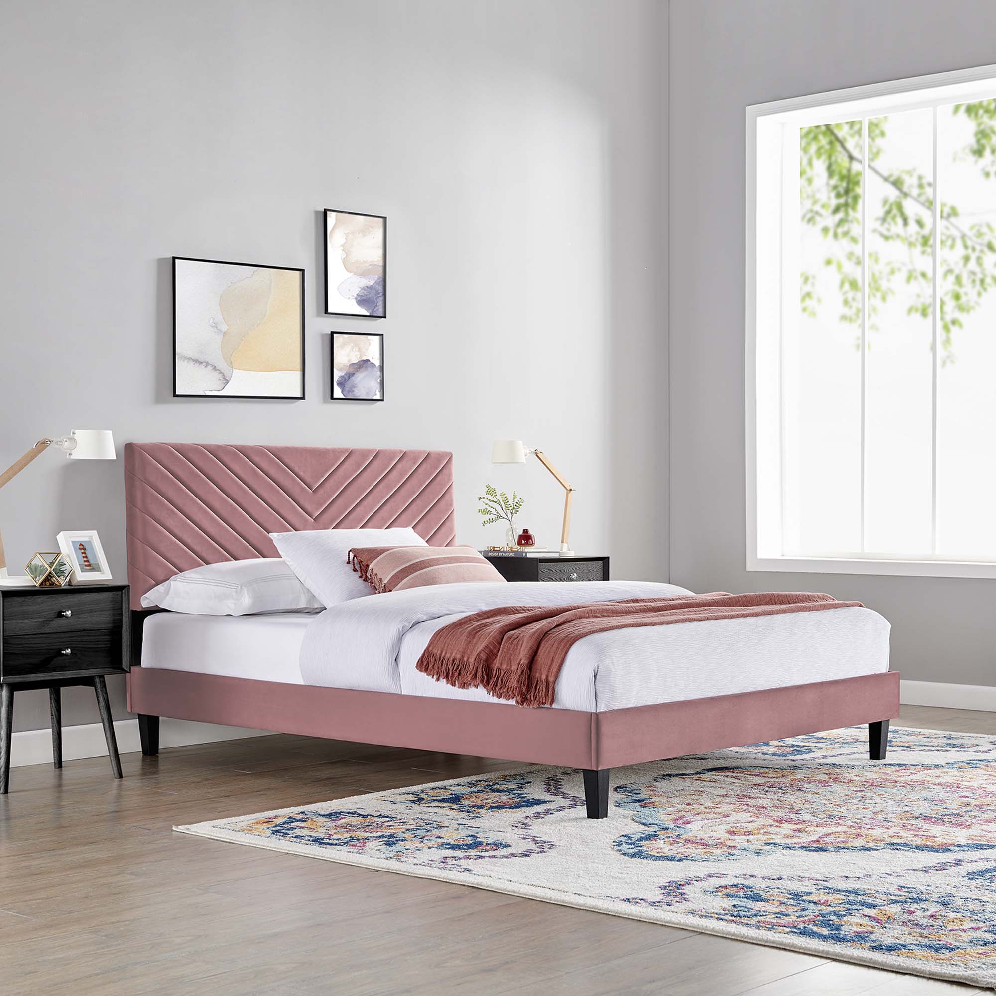 Modway Roxanne Tapered Wood Leg Performance Velvet Queen Platform Bed