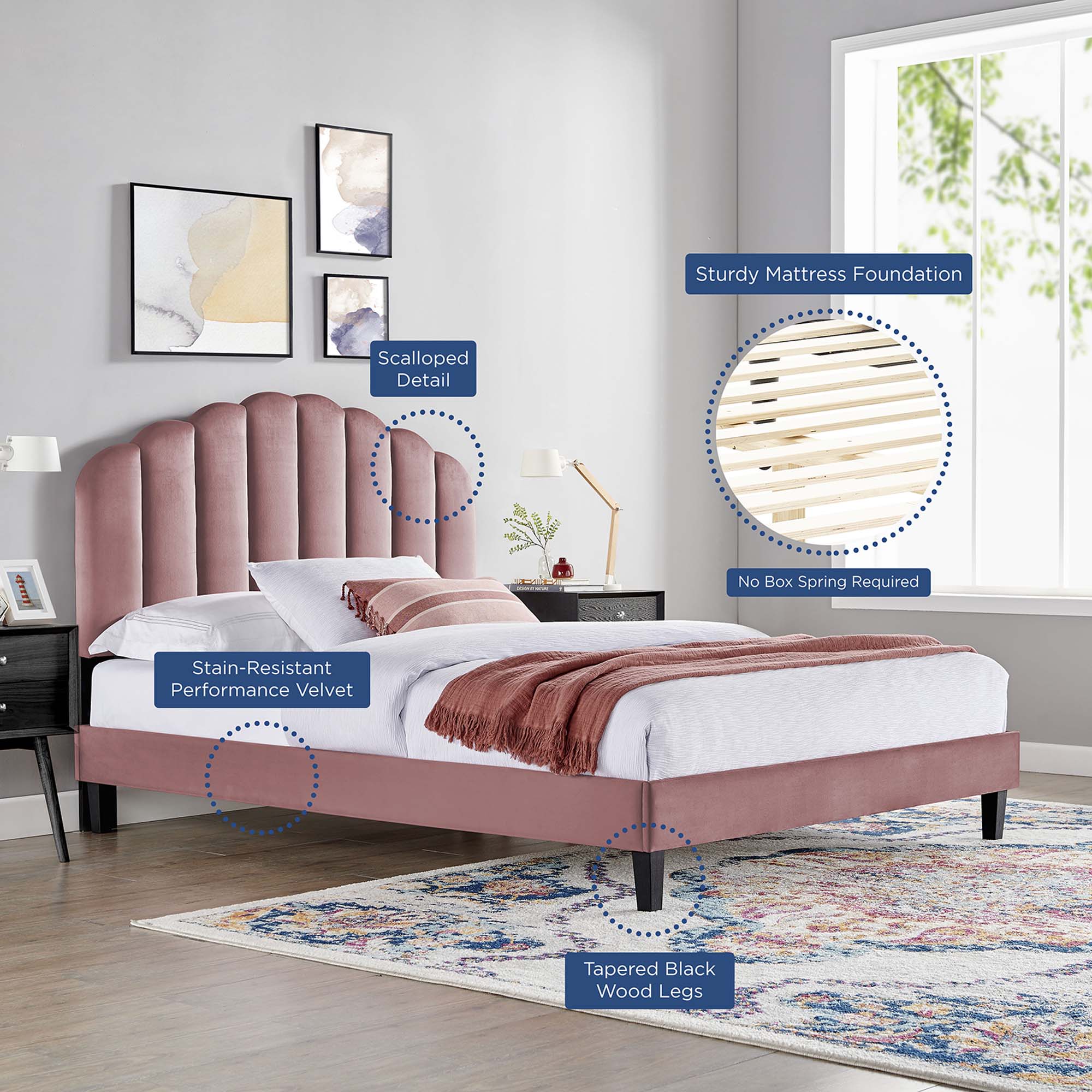 Modway Daisy Tapered Wood Leg Performance Velvet Queen Platform Bed