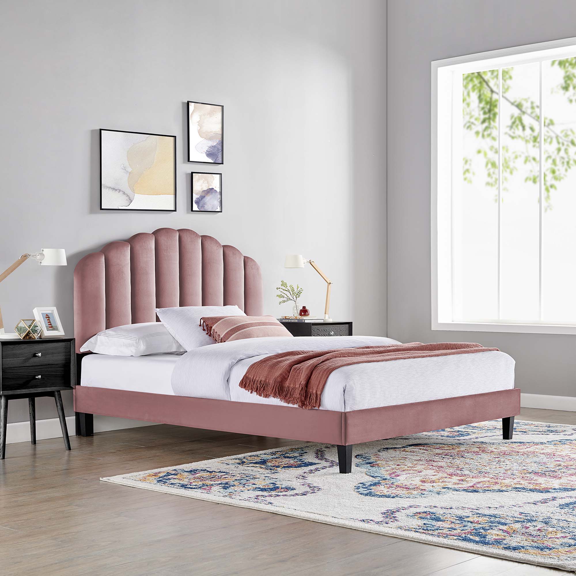 Modway Daisy Tapered Wood Leg Performance Velvet Queen Platform Bed