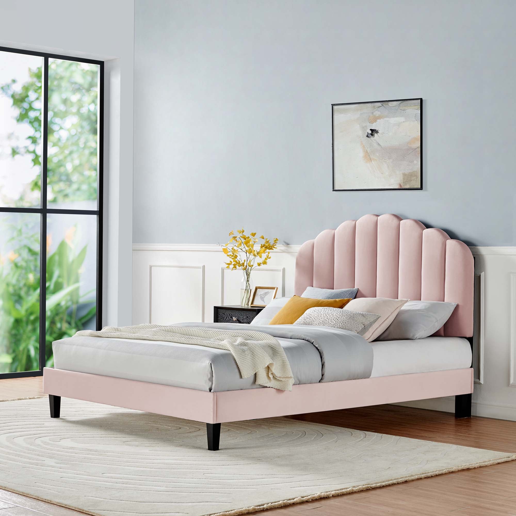 Modway Daisy Tapered Wood Leg Performance Velvet Queen Platform Bed