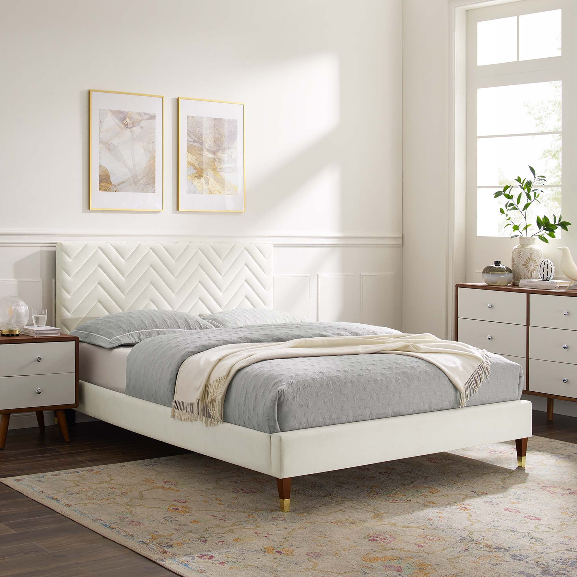 Modway Leah Chevron Tufted Performance Velvet Queen Platform Bed