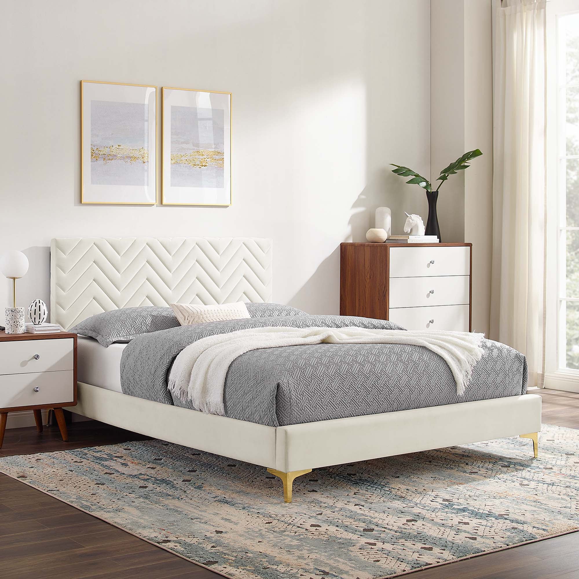 Modway Leah Chevron Tufted Performance Velvet Queen Platform Bed