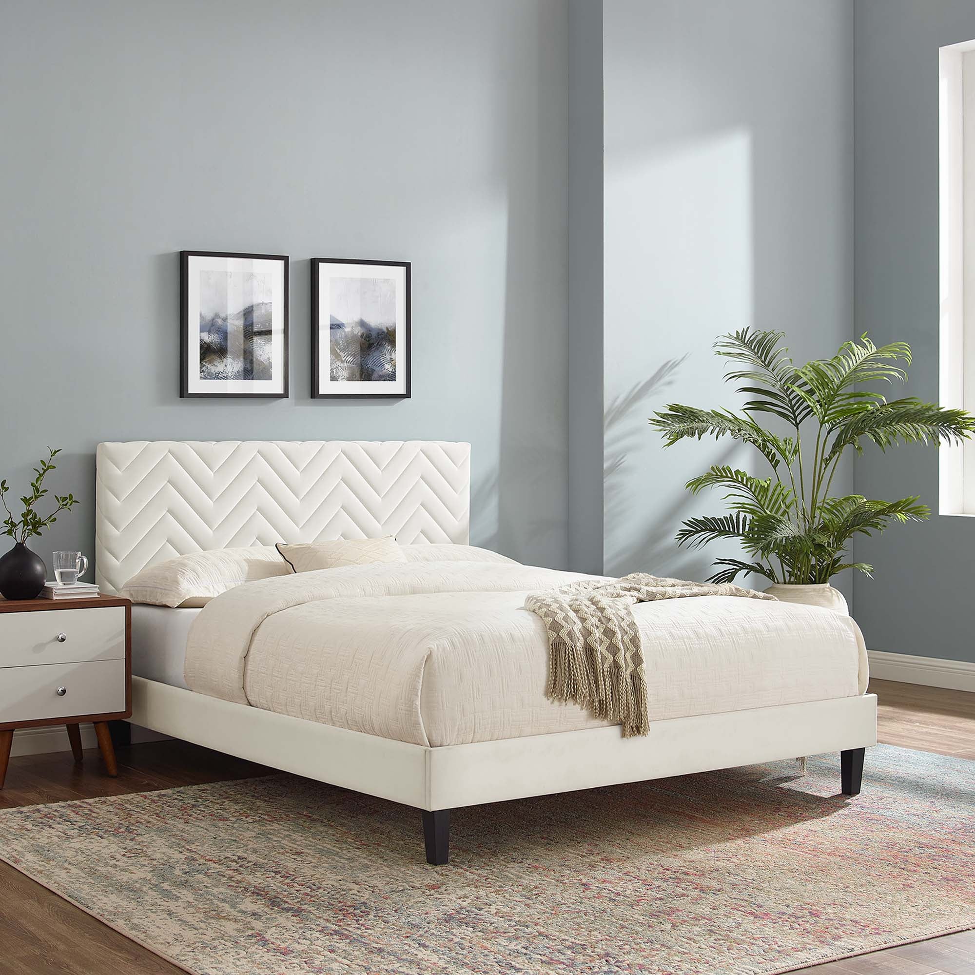 Modway Leah Tapered Wood Leg Chevron Tufted Performance Velvet Full Platform Bed