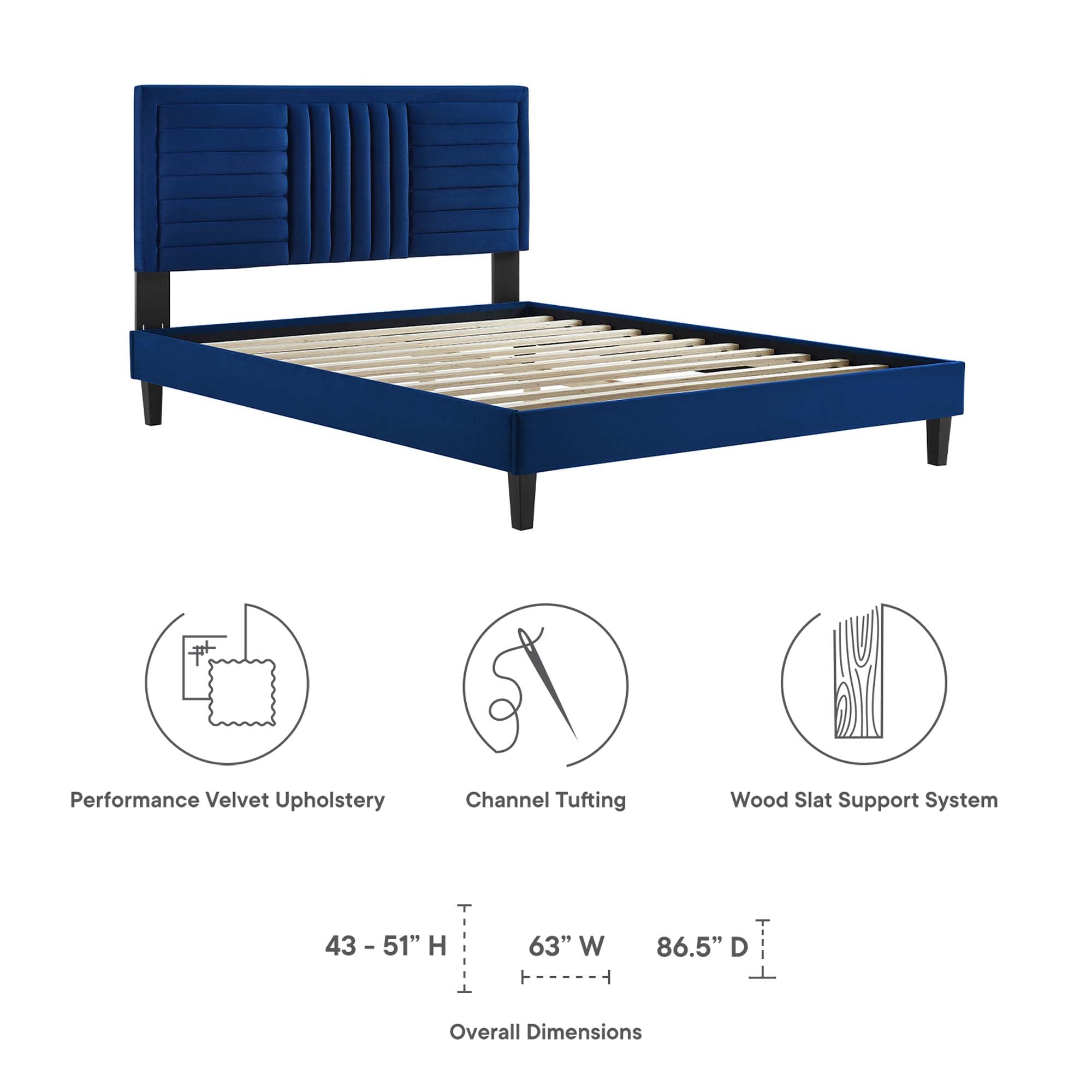 Modway Sofia Tapered Wood Leg Channel Tufted Performance Velvet Full Platform Bed