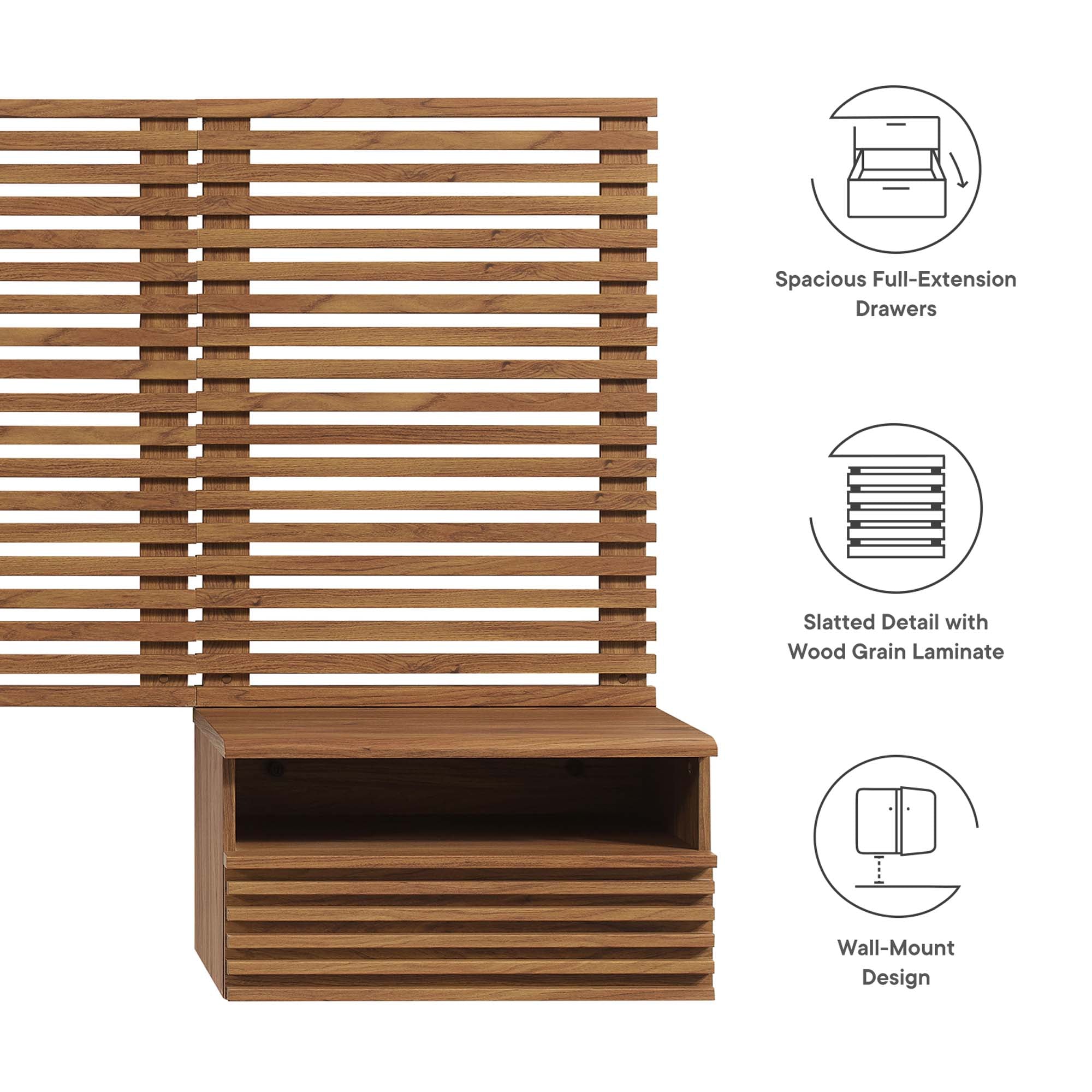 Modway Render Wall Mount Twin Headboard and Modern Nightstands