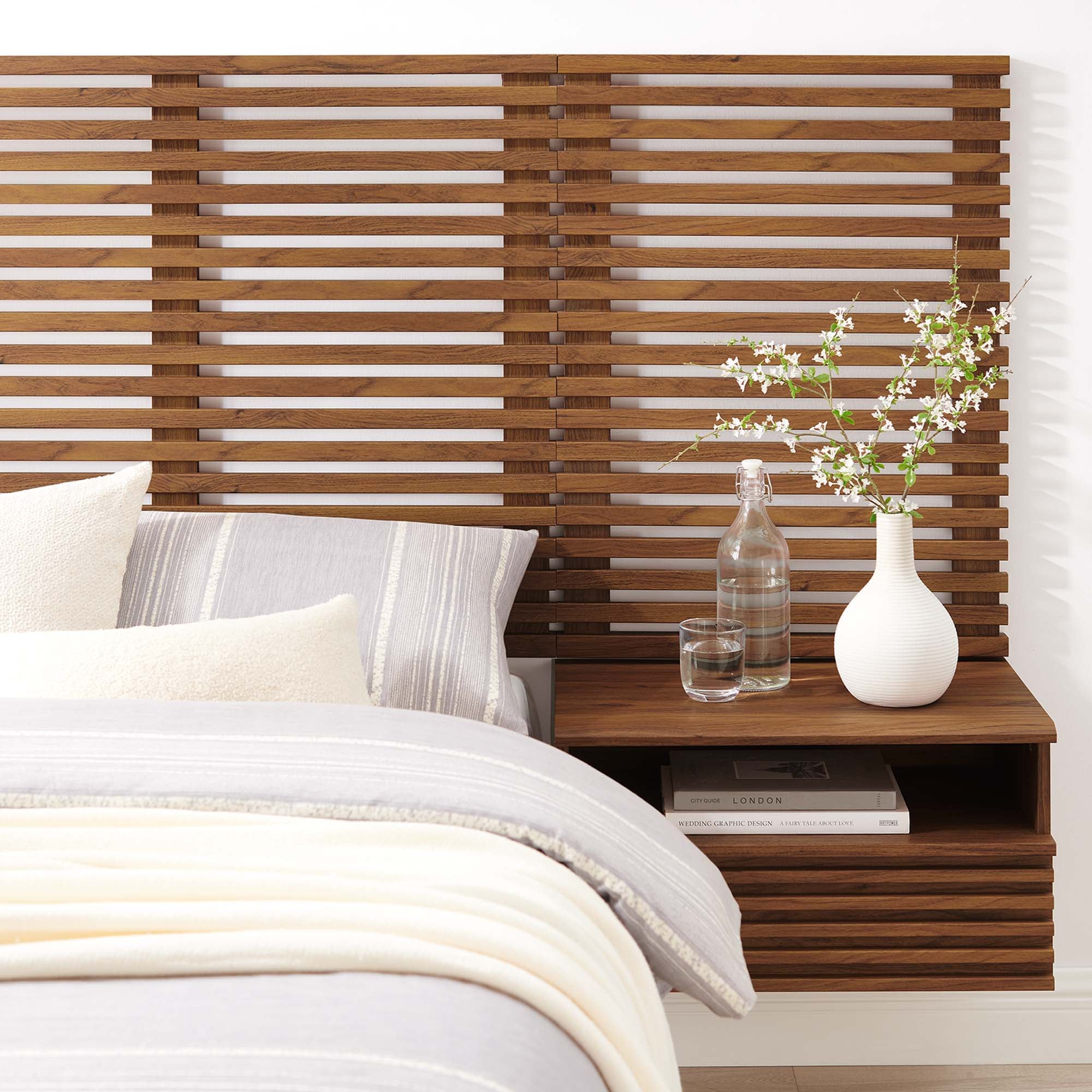 Modway Render Wall Mount Twin Headboard and Modern Nightstands