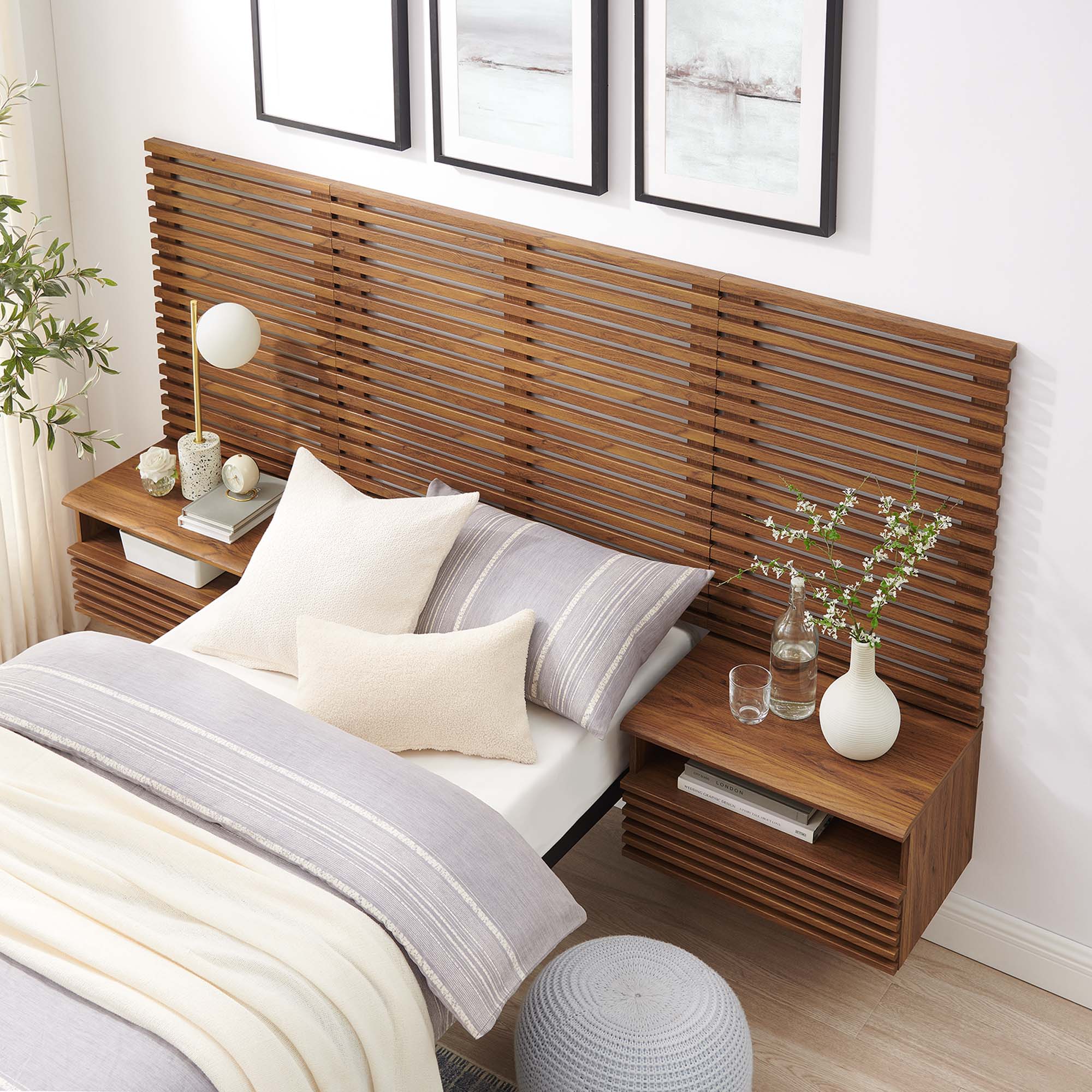 Modway Render Wall Mount Twin Headboard and Modern Nightstands