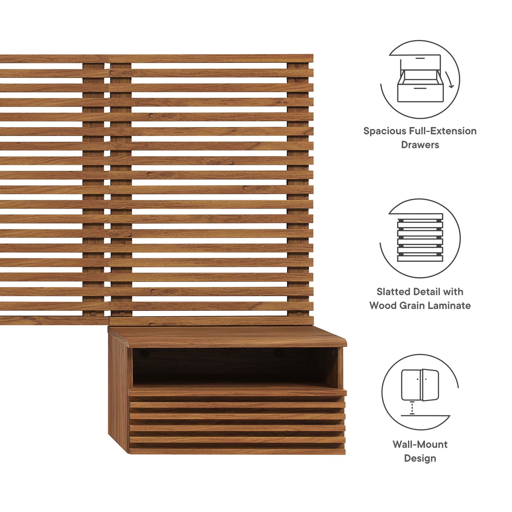 Modway Render Wall Mount Queen Headboard and Modern Nightstands