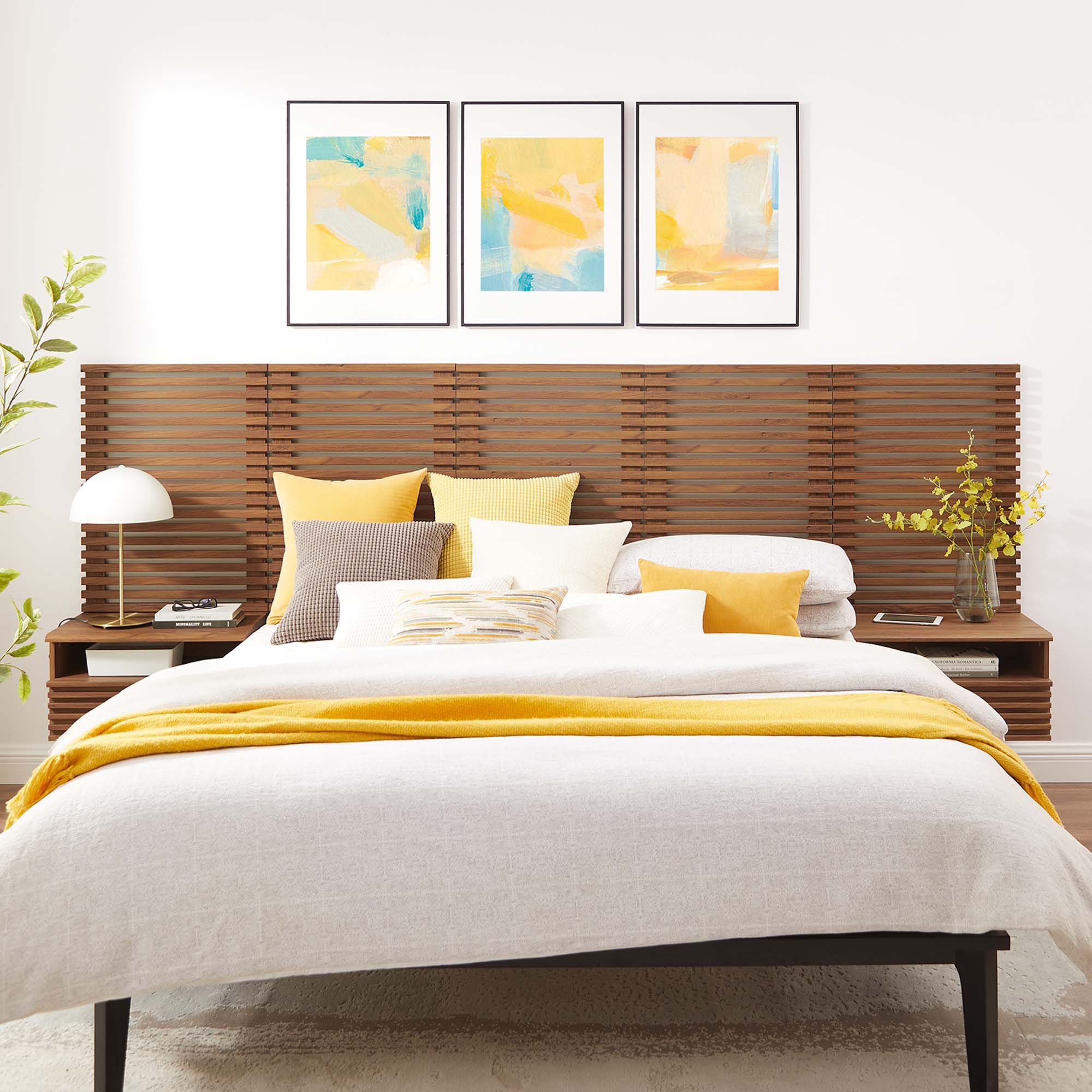 Modway Render Wall Mount Queen Headboard and Modern Nightstands