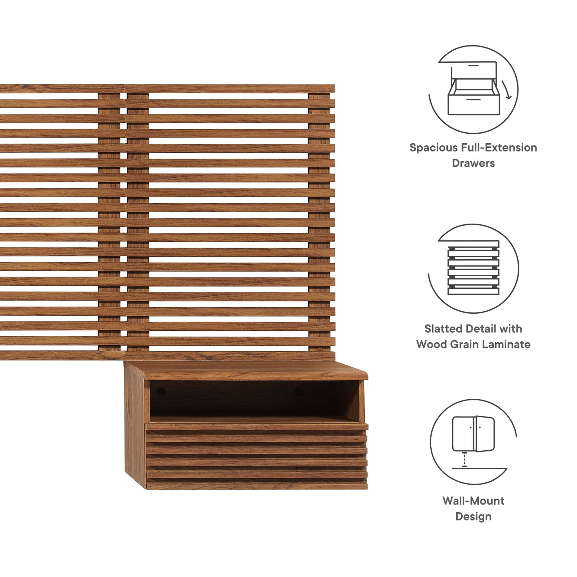 Modway Render Wall Mount King Headboard and Modern Nightstands