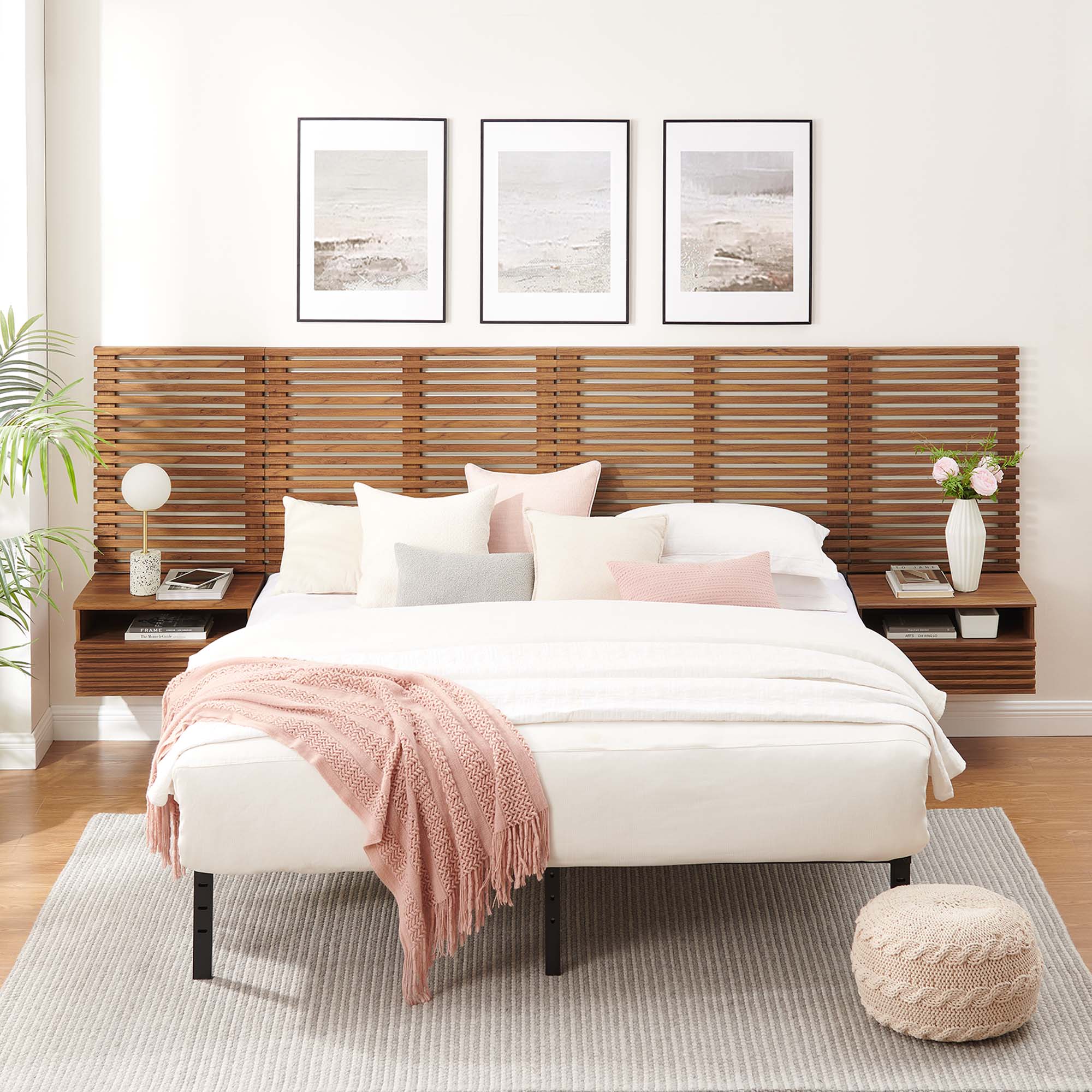 Modway Render Wall Mount King Headboard and Modern Nightstands