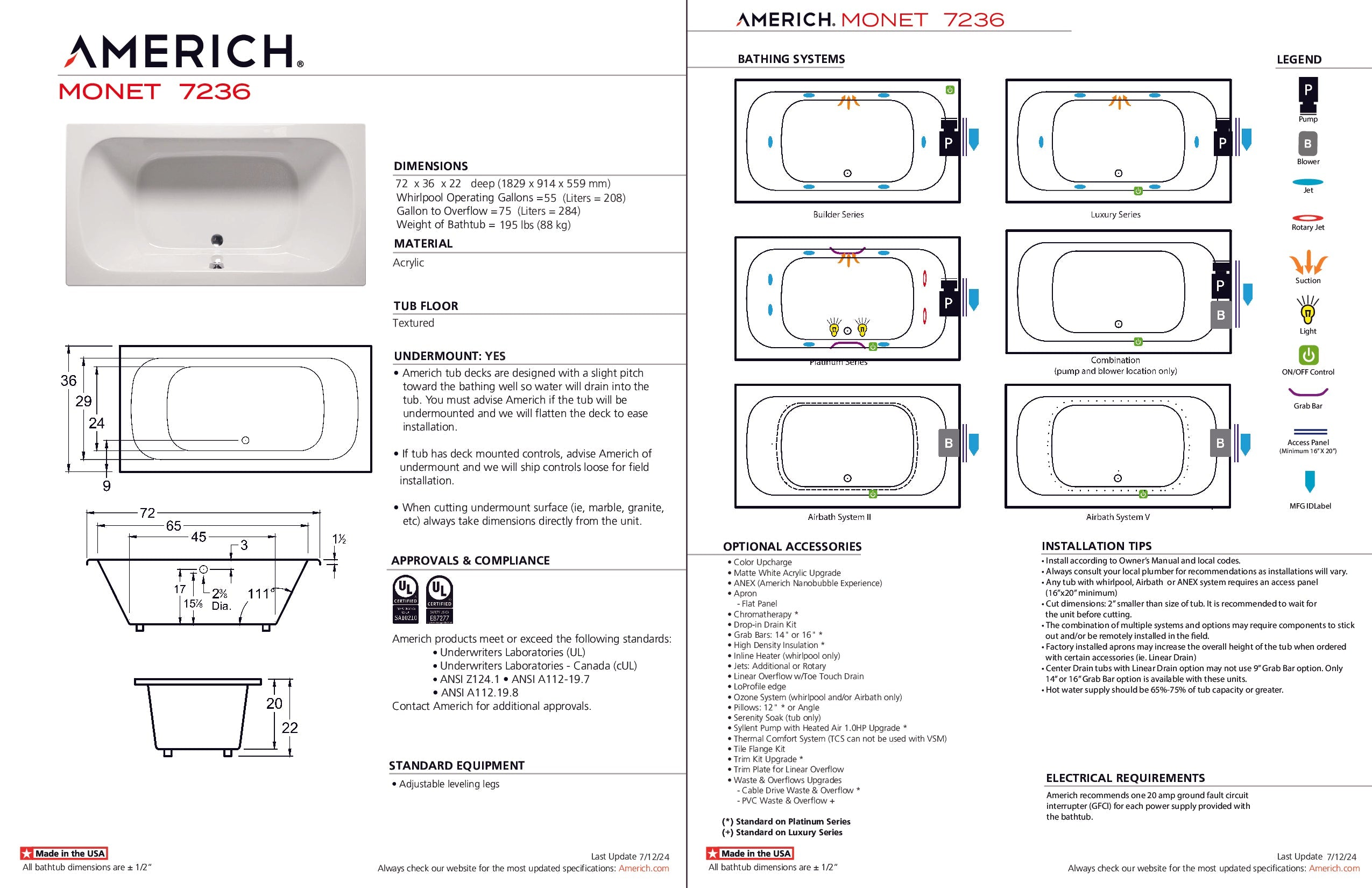 Americh Monet 7236 - Builder Series Drop-in Bathtub MO7236B-WH