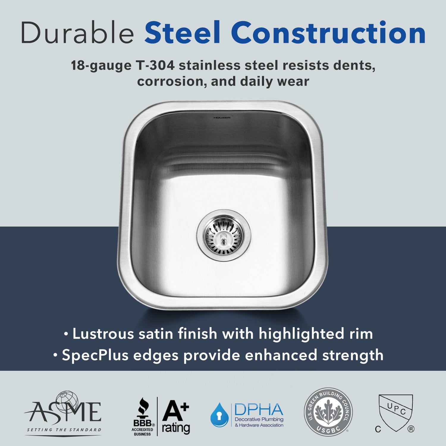 Houzer Club 17 inch Stainless Steel Undermount Bowl Bar and Prep Sink - MS-1708