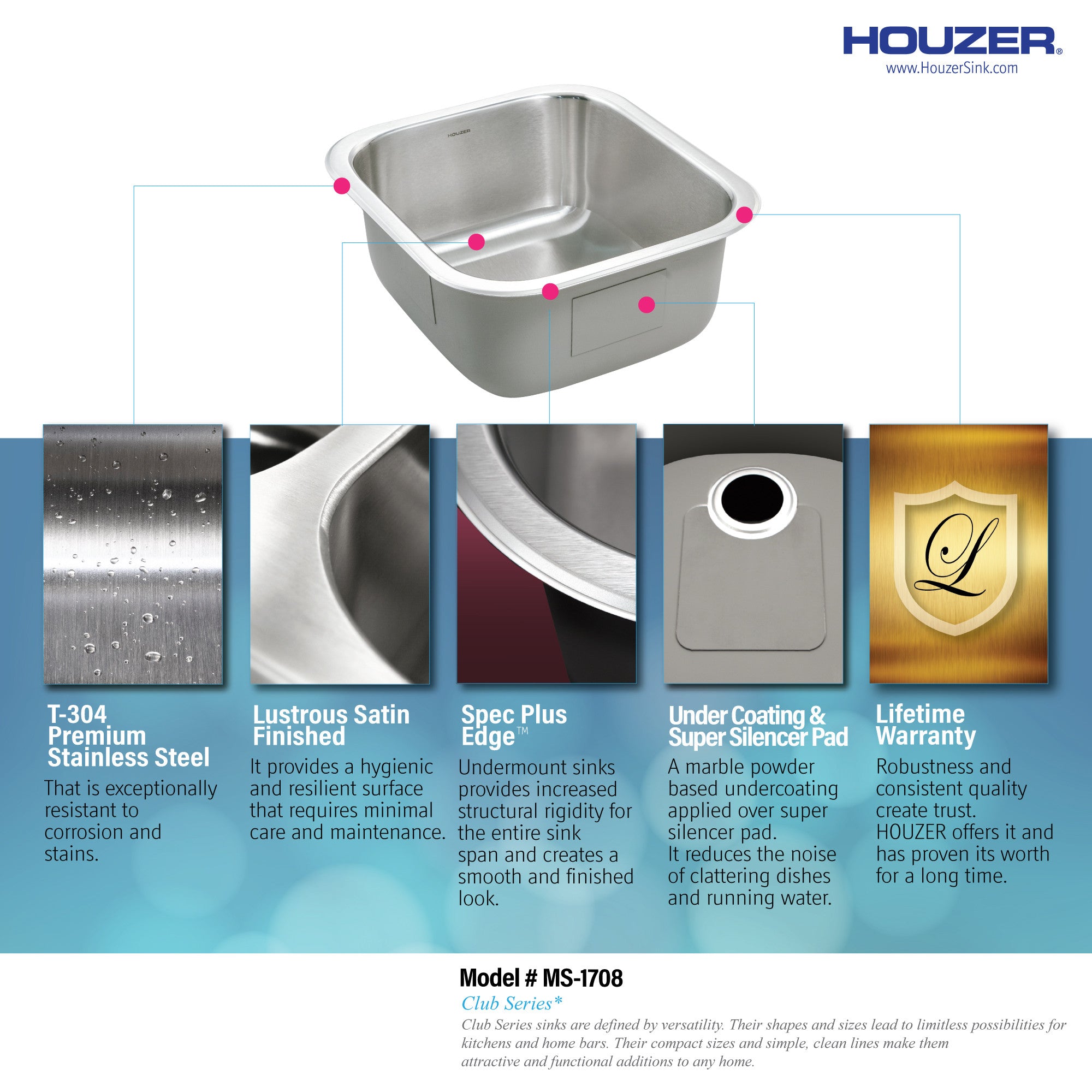 Houzer Club 17 inch Stainless Steel Undermount Bowl Bar and Prep Sink - MS-1708