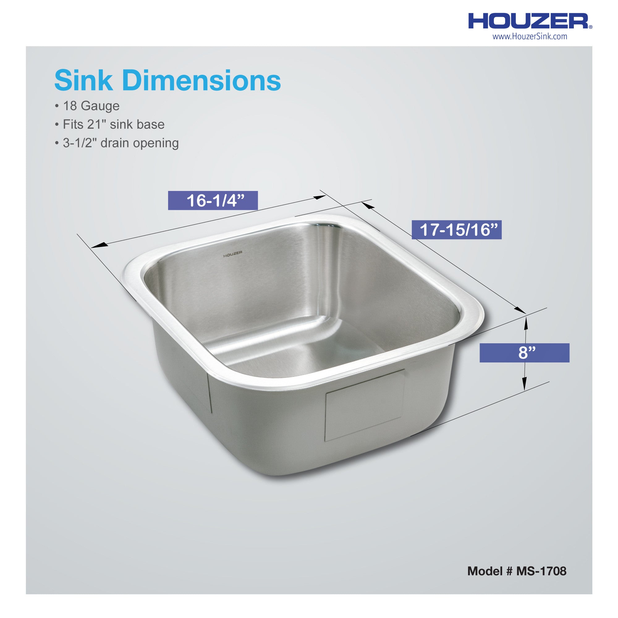 Houzer Club 17 inch Stainless Steel Undermount Bowl Bar and Prep Sink - MS-1708