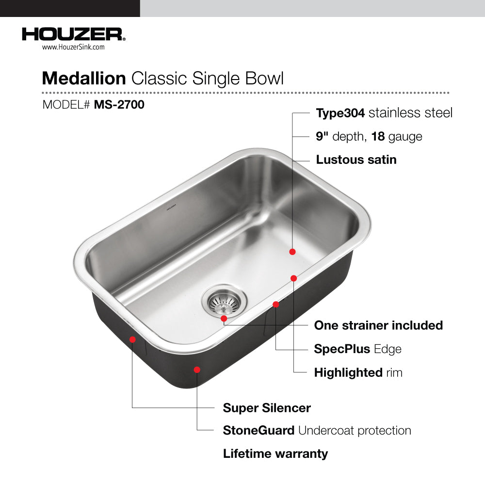 Houzer Medallion Designer 27" Stainless Steel Undermount Single D Bowl Kitchen Sink with Strainer