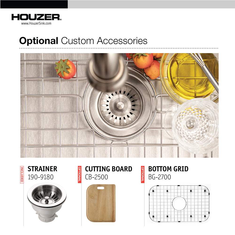 Houzer Medallion Designer 27" Stainless Steel Undermount Single D Bowl Kitchen Sink with Strainer