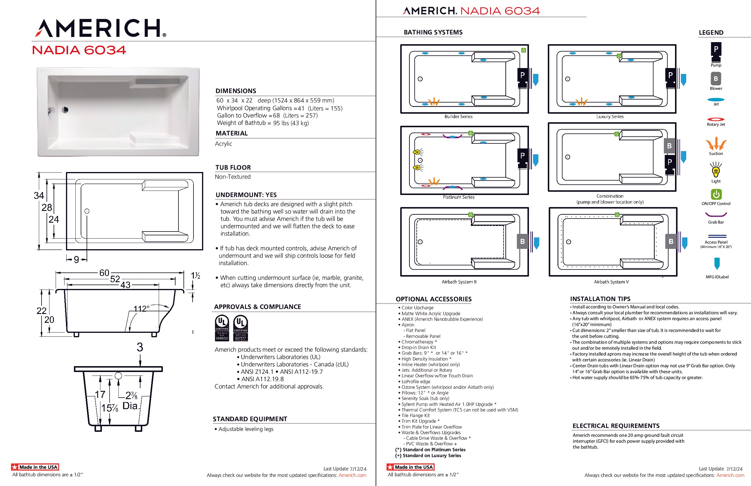Americh Nadia 6034 - Tub Only Drop-in Bathtub NA6034T-WH