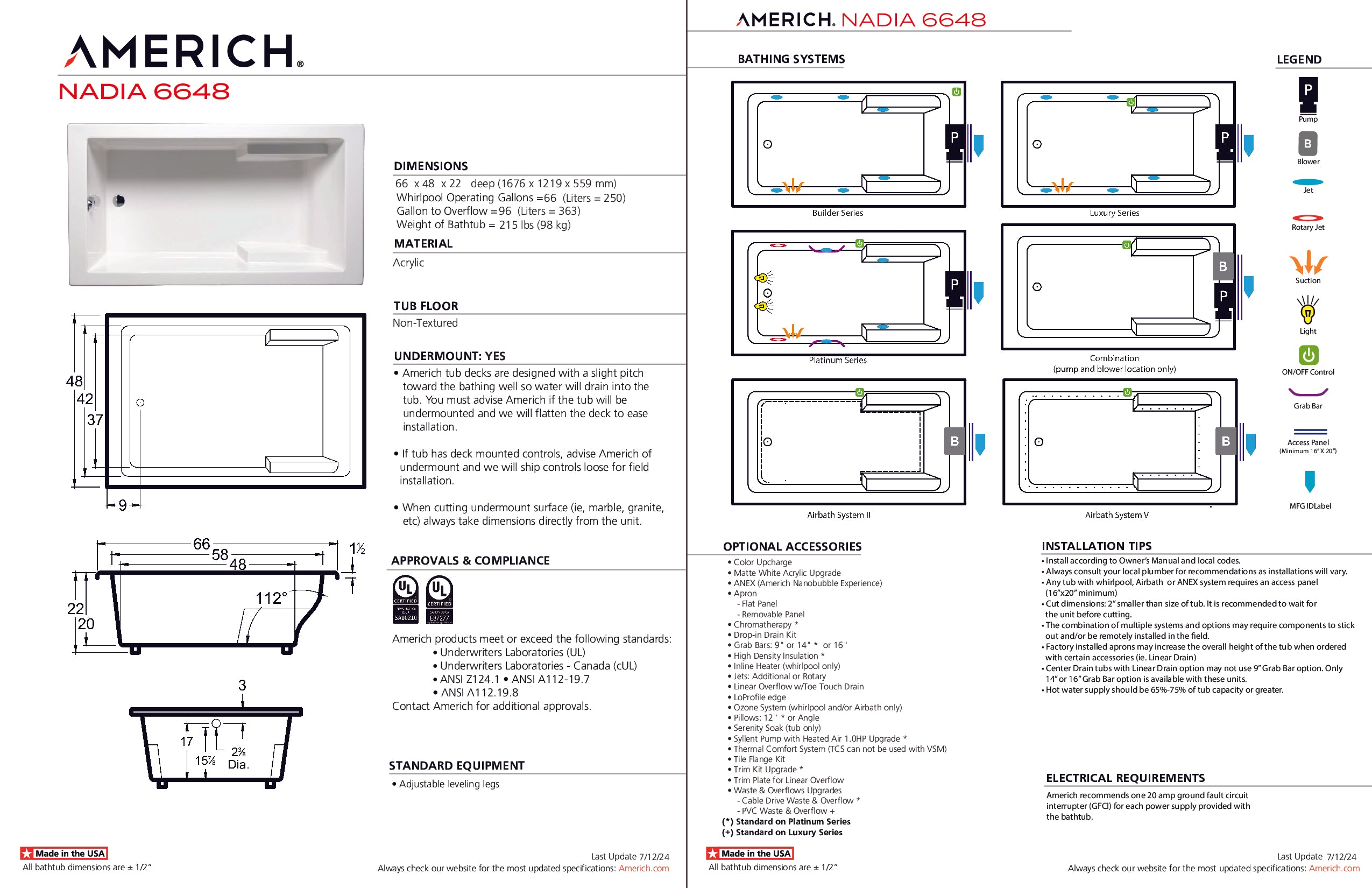 Americh Nadia 6648 - Luxury Series Drop-in Bathtub NA6648L-WH
