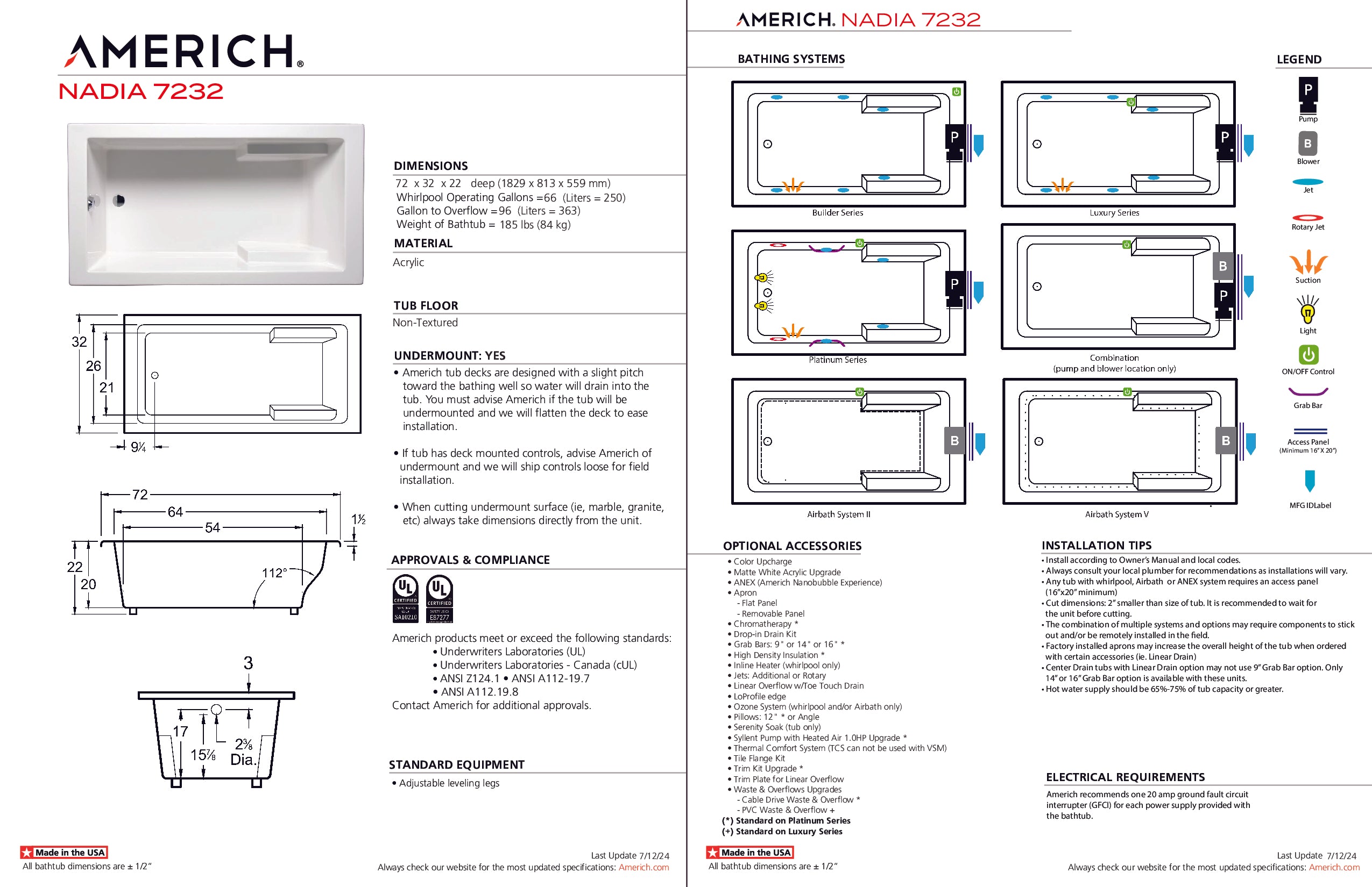 Americh Nadia 7232 - Luxury Series Drop-in Bathtub NA7232L-WH