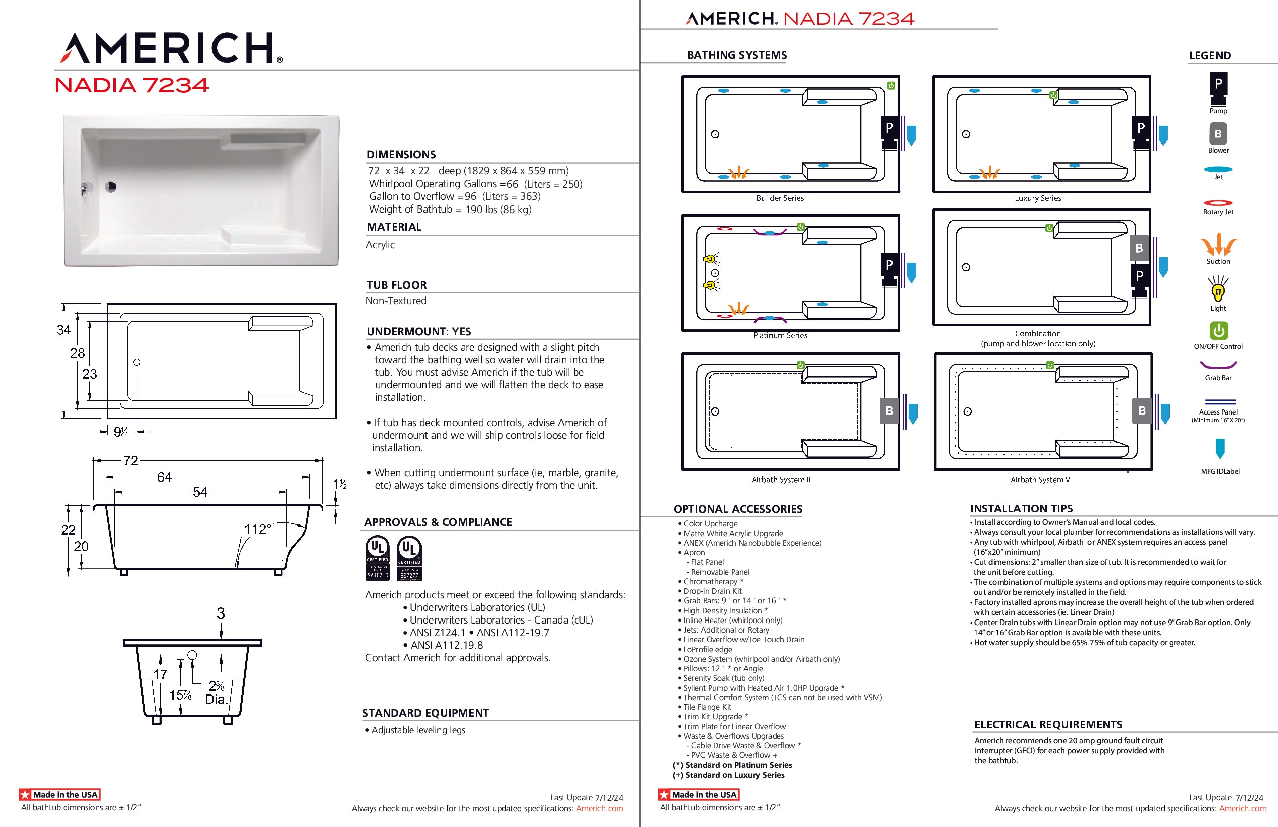 Americh Nadia 7234 - Builder Series Drop-in Bathtub NA7234B-WH