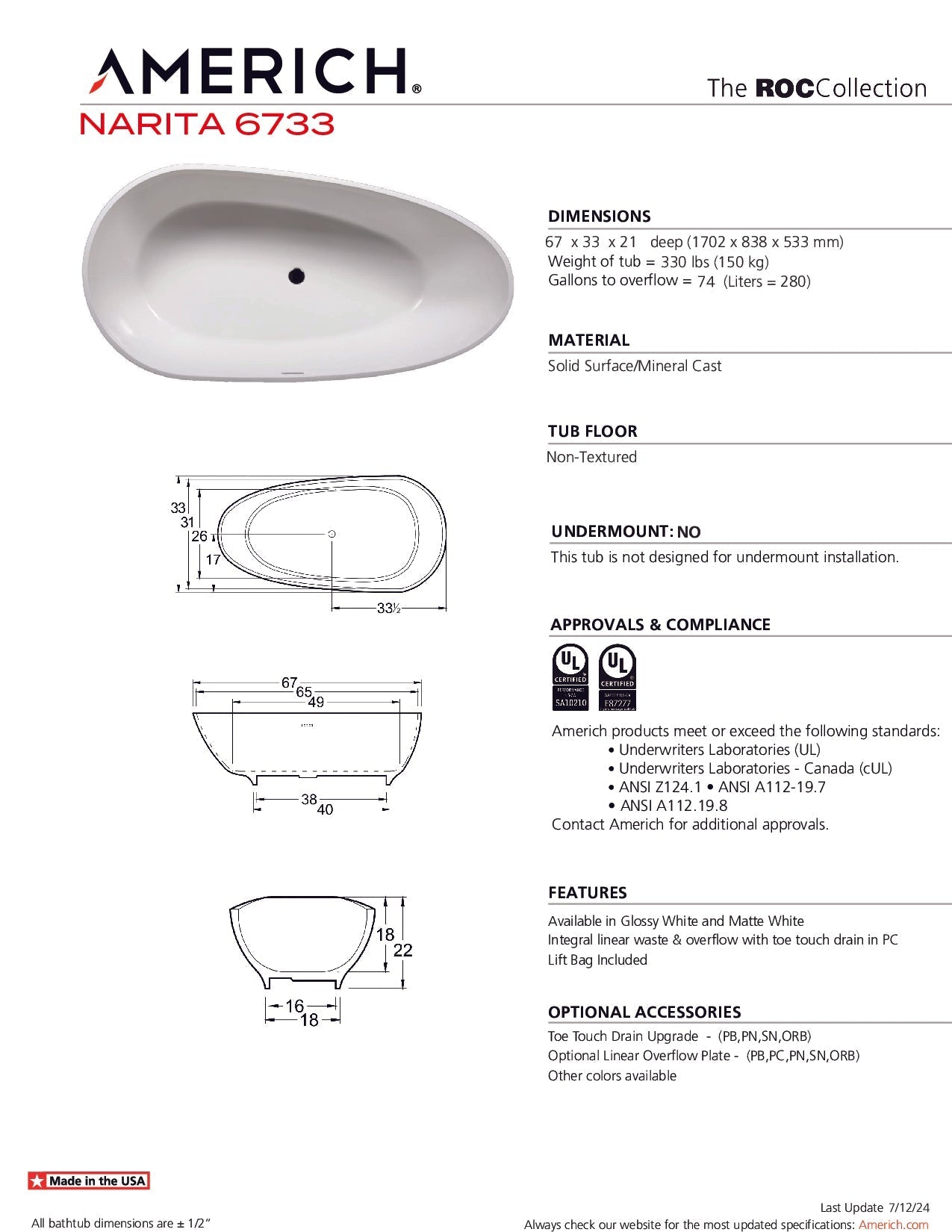 Americh Narita 6733 - ROC ROC Bathtub RC2207-GW