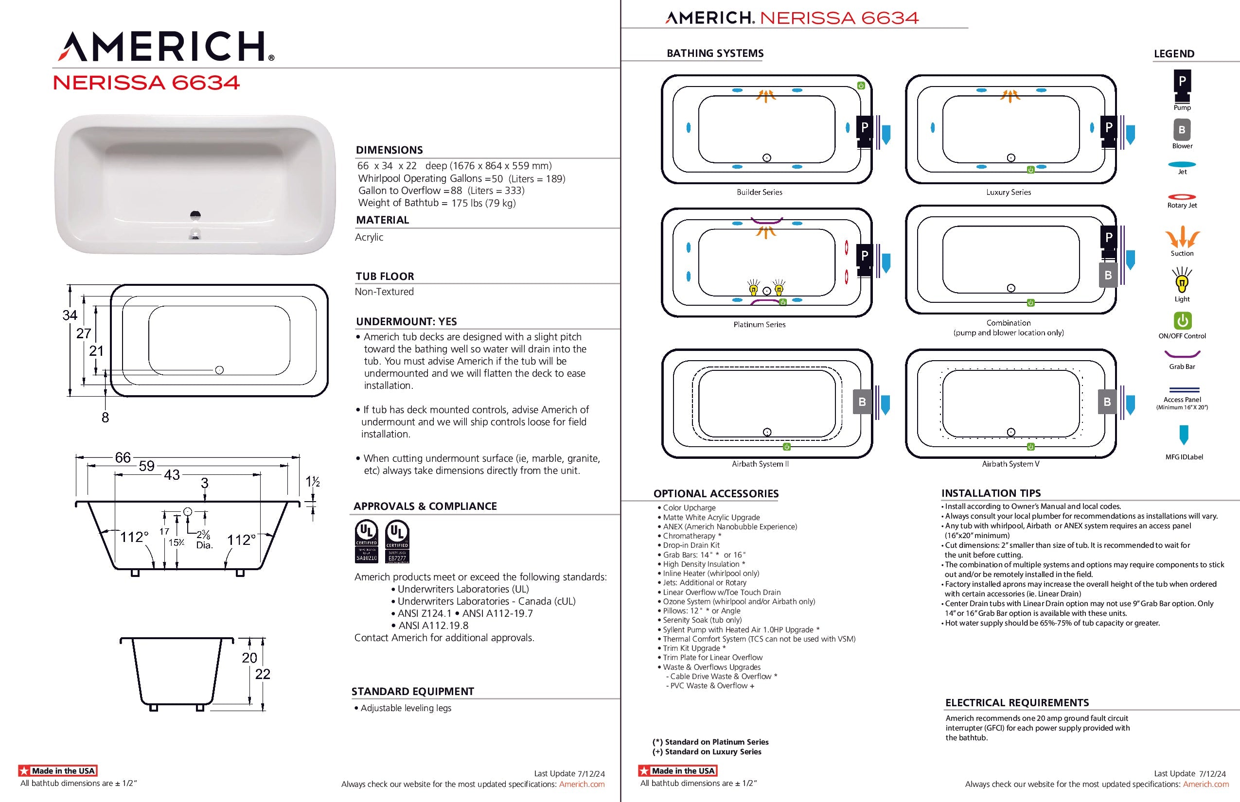 Americh Nerissa 6634 - Tub Only Drop-in Bathtub NE6634T-WH