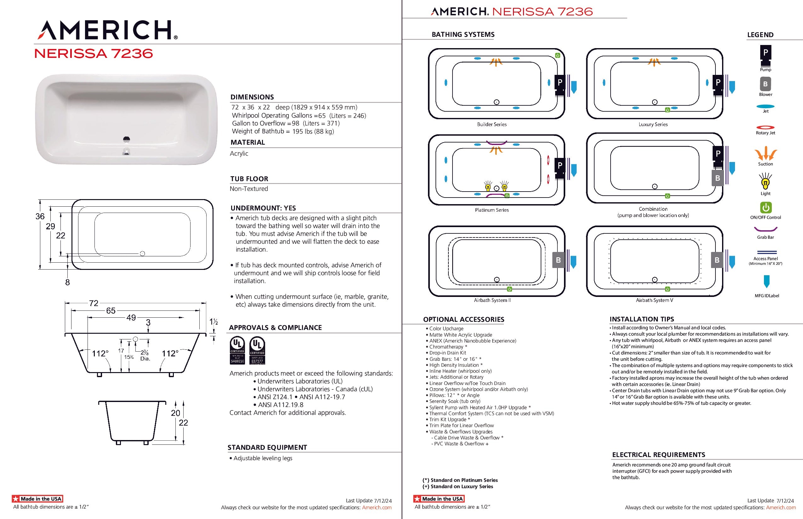 Americh Nerissa 7236 - Luxury Series Drop-in Bathtub NE7236L-WH